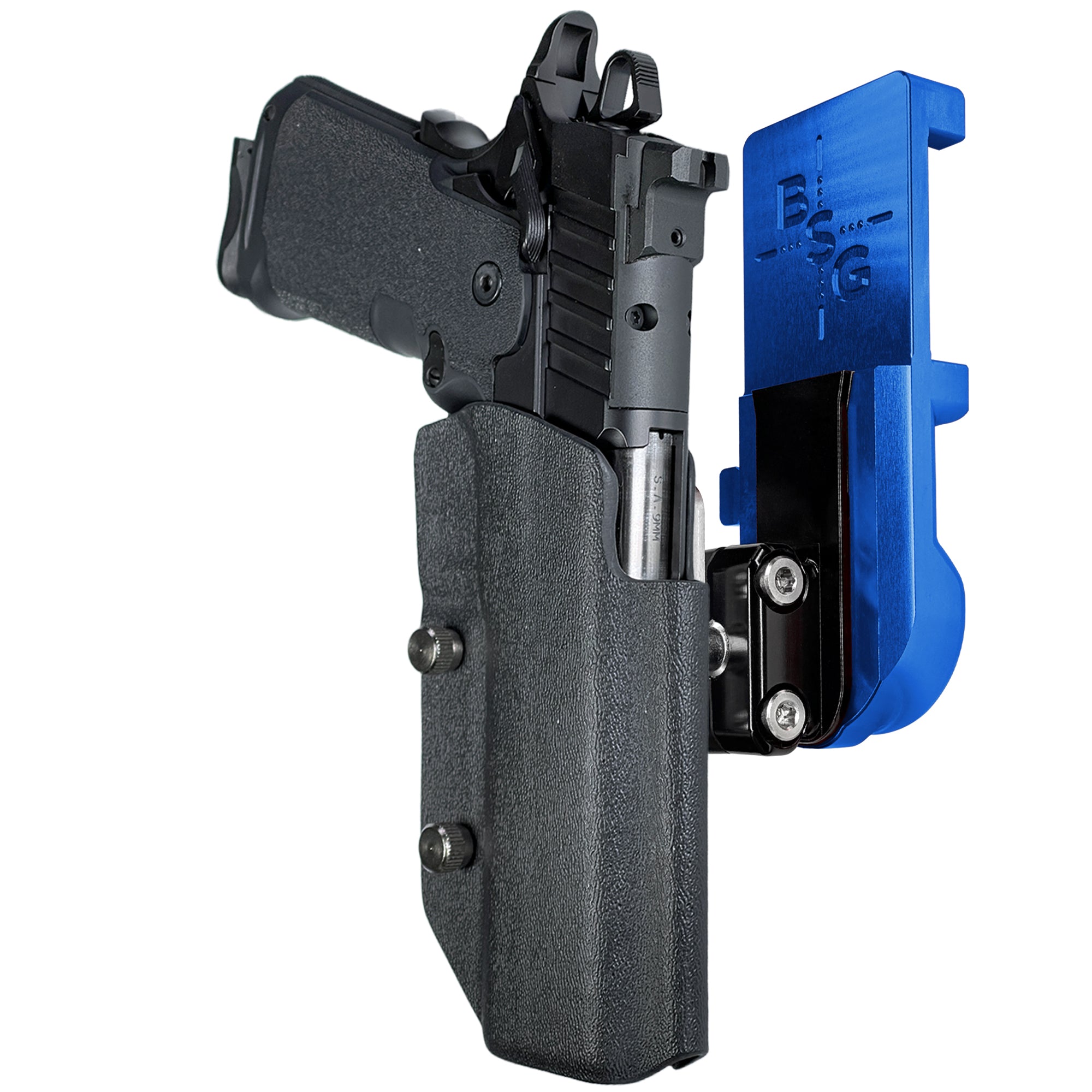 Springfield Prodigy 5'' IPSC/USPA Quick Mount Ball Joint Holster with Blue Belt Attachment, Black Holster Shell