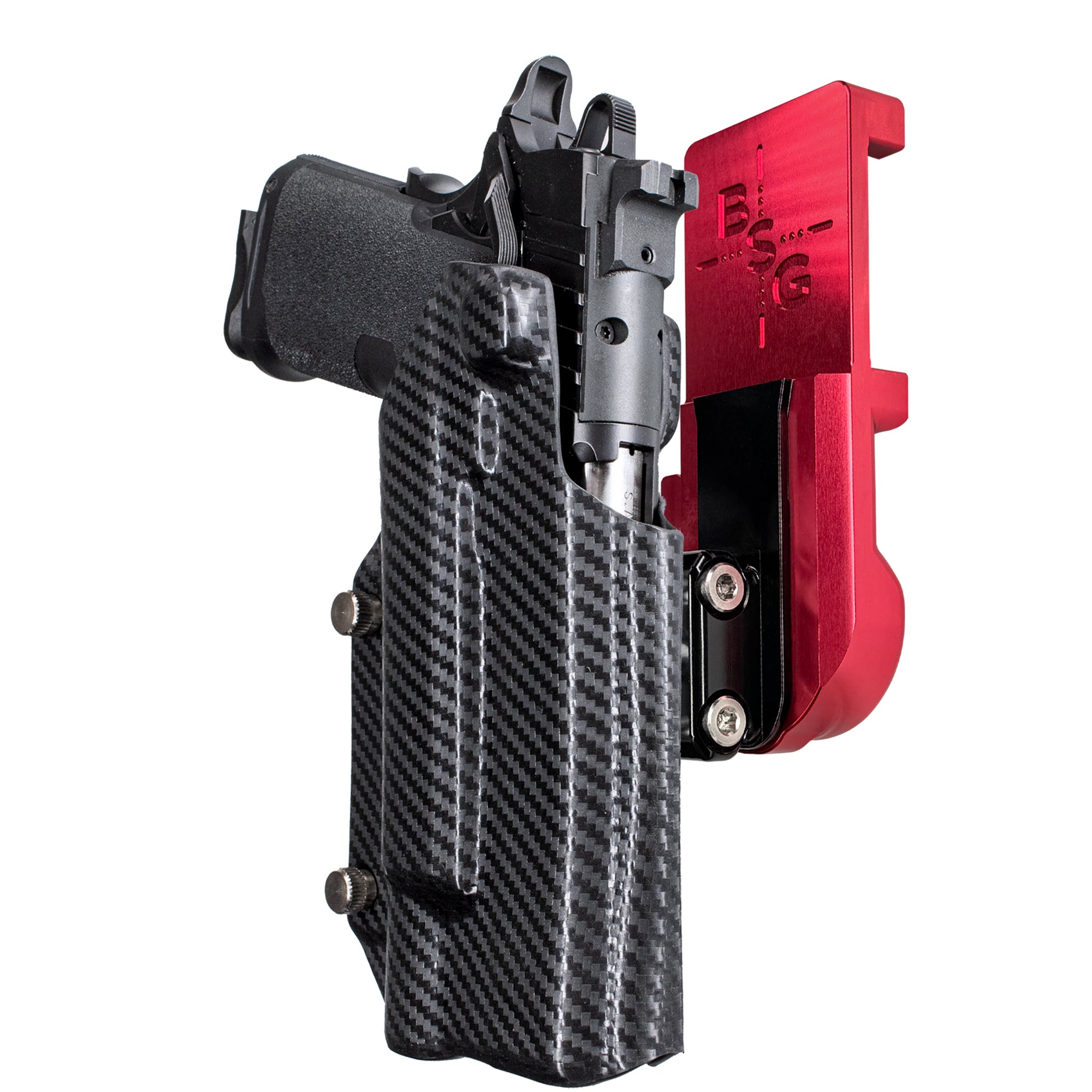 Springfield Prodigy 5 X300UA IPSC/USPA Quick Mount Ball Joint Holster with Red Belt Attachment, Carbon Fiber Holster Shell