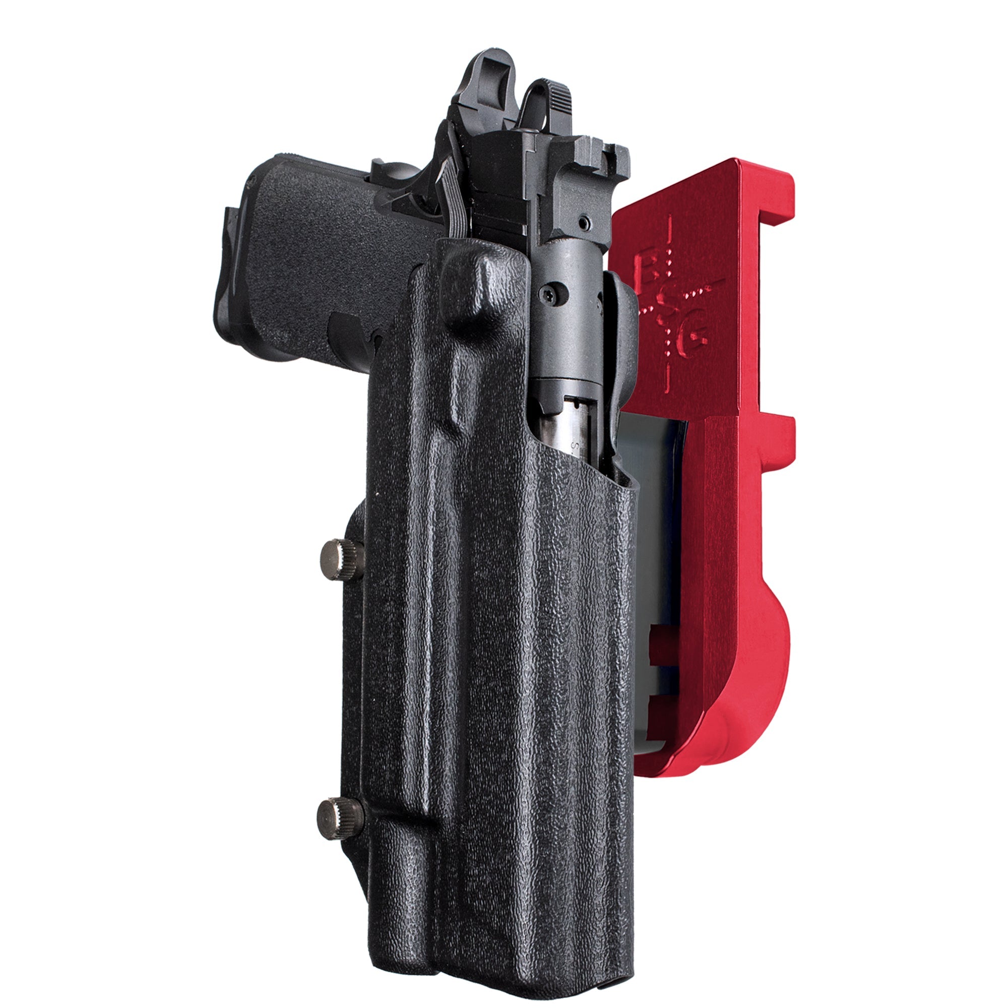 Springfield Prodigy 5 X300UA IPSC/USPA Quick Mount Holster with Red Belt Attachment, Black Holster Shell