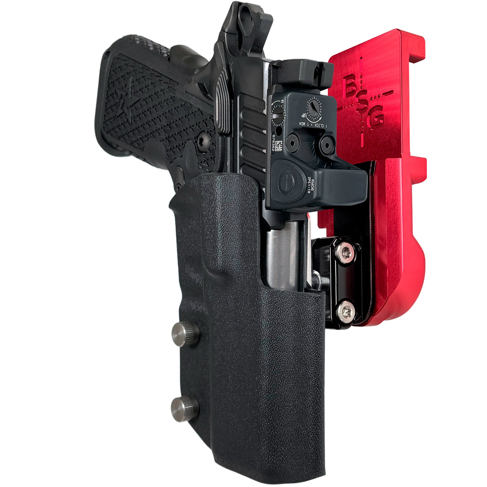Staccato C2 IPSC/USPA Quick Mount Ball Joint Holster with Red Belt Attachment, Black Holster Shell