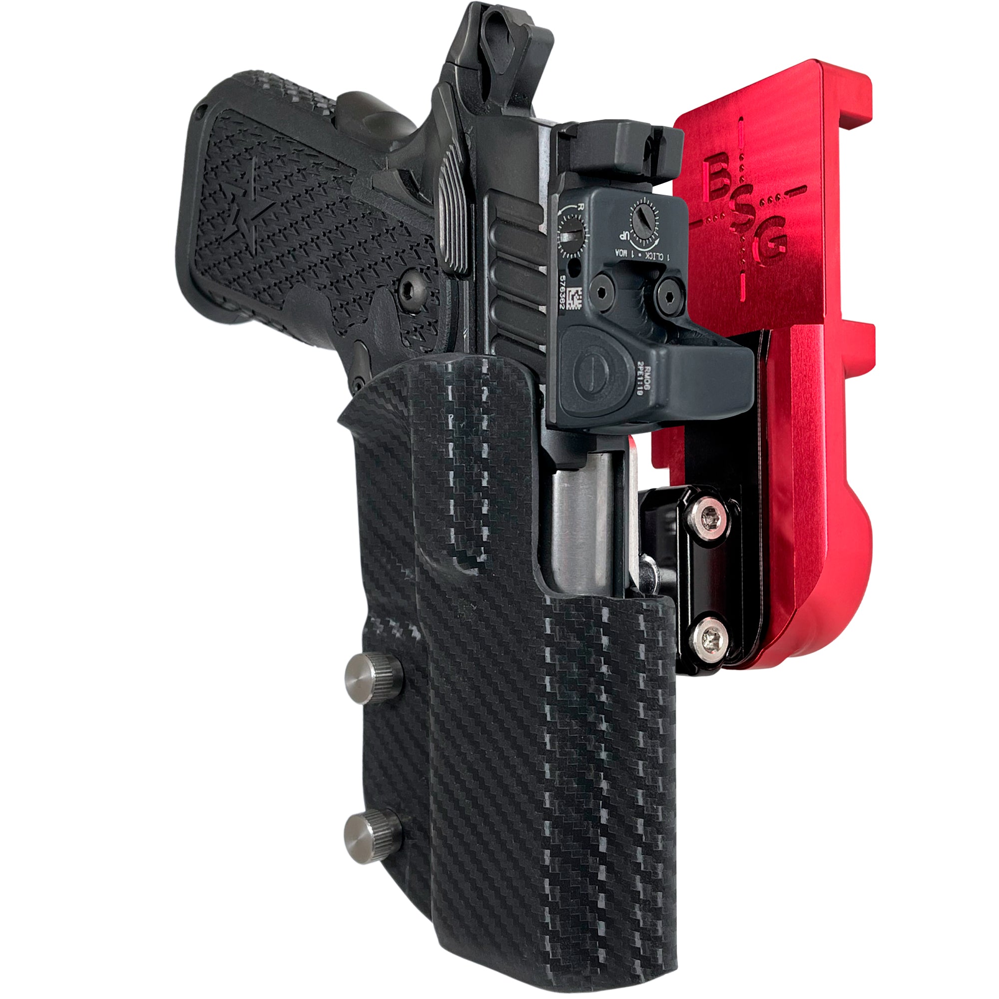 Staccato C2 IPSC/USPA Quick Mount Ball Joint Holster with Red Belt Attachment, Carbon Fiber Holster Shell