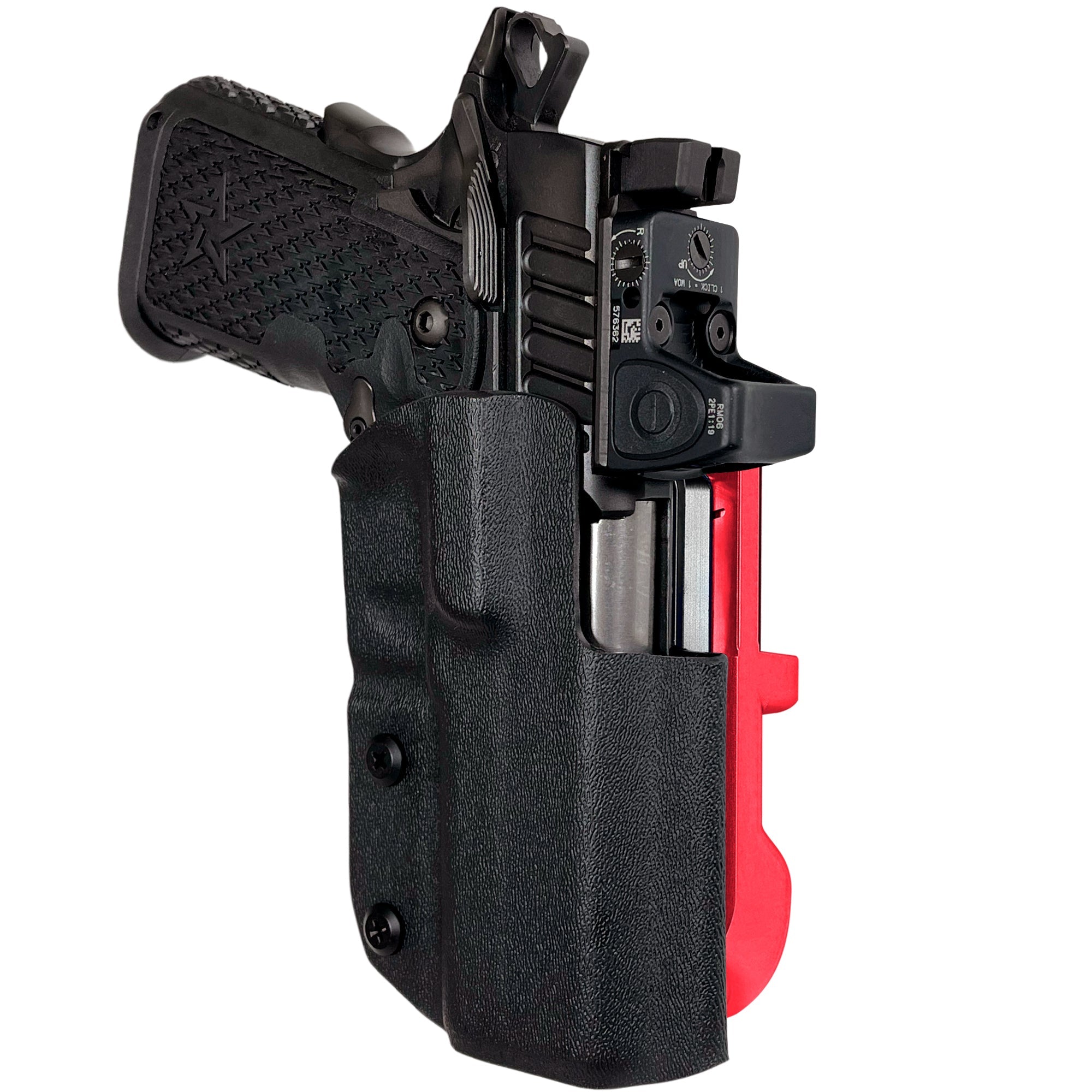 Staccato C2 IDPA Quick Mount Holster with Red Belt Attachment, Black Holster Shell