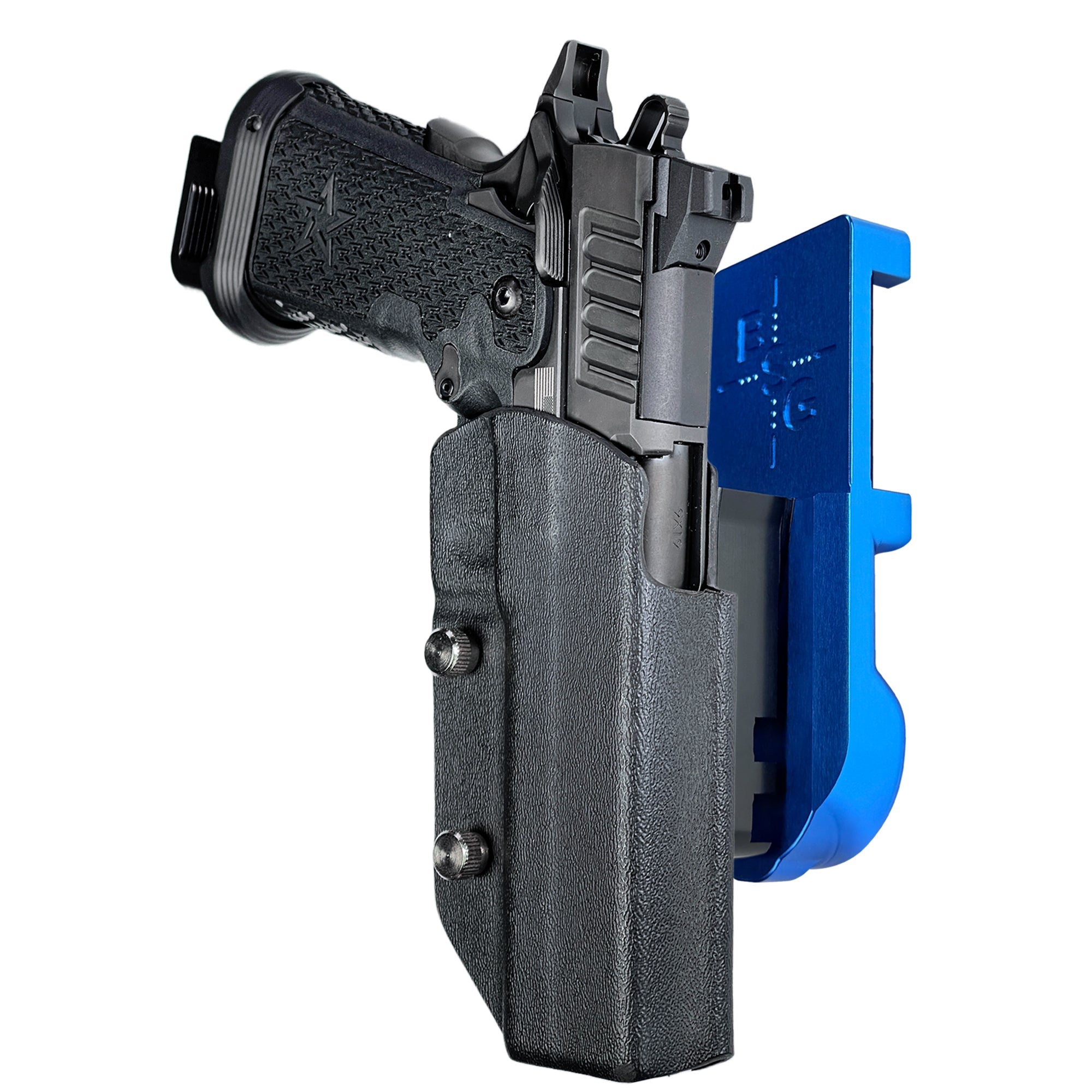 Staccato XC IPSC/USPA Quick Mount Holster with Blue Belt Attachment, Black Holster Shell