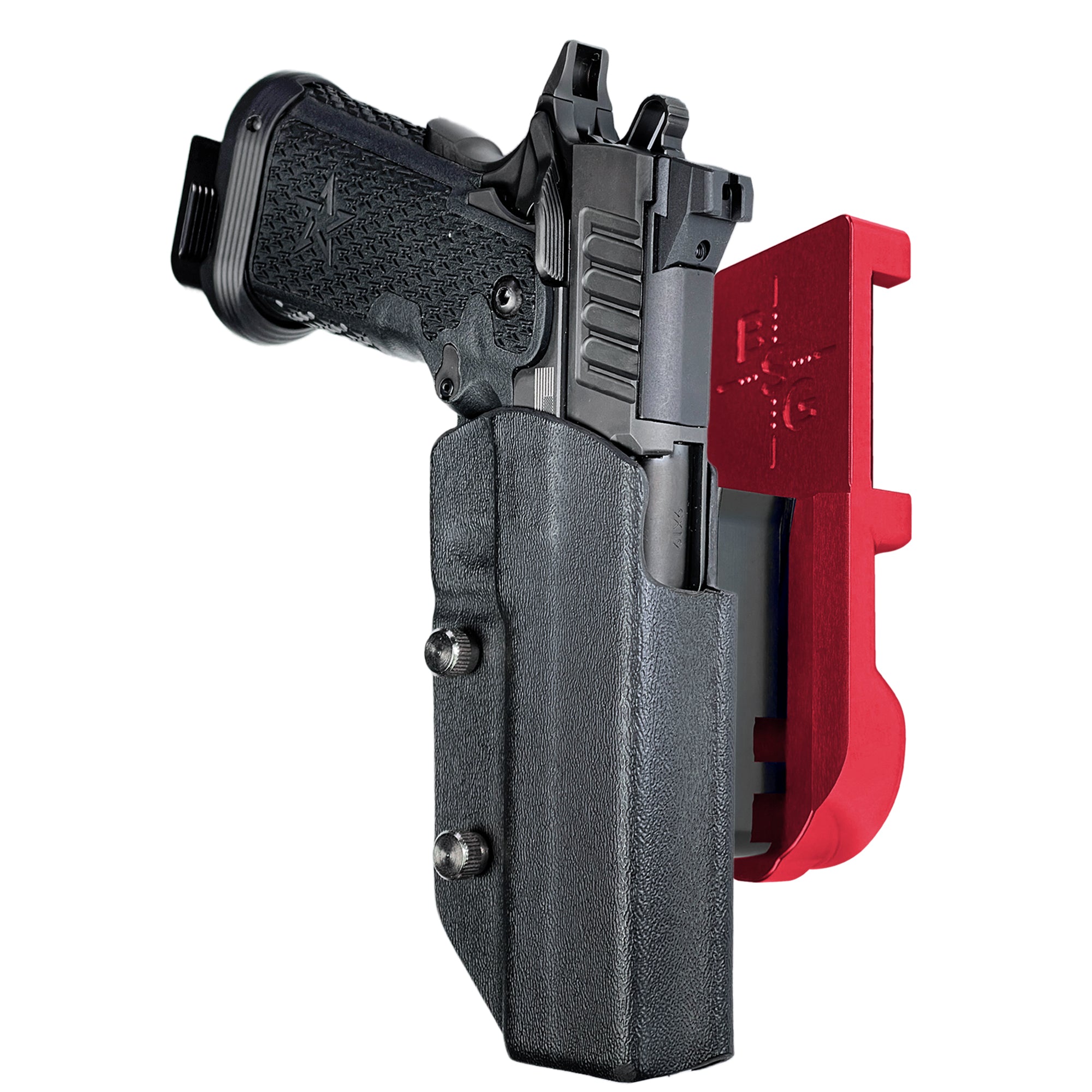 Staccato XC IPSC/USPA Quick Mount Holster with Red Belt Attachment, Black Holster Shell