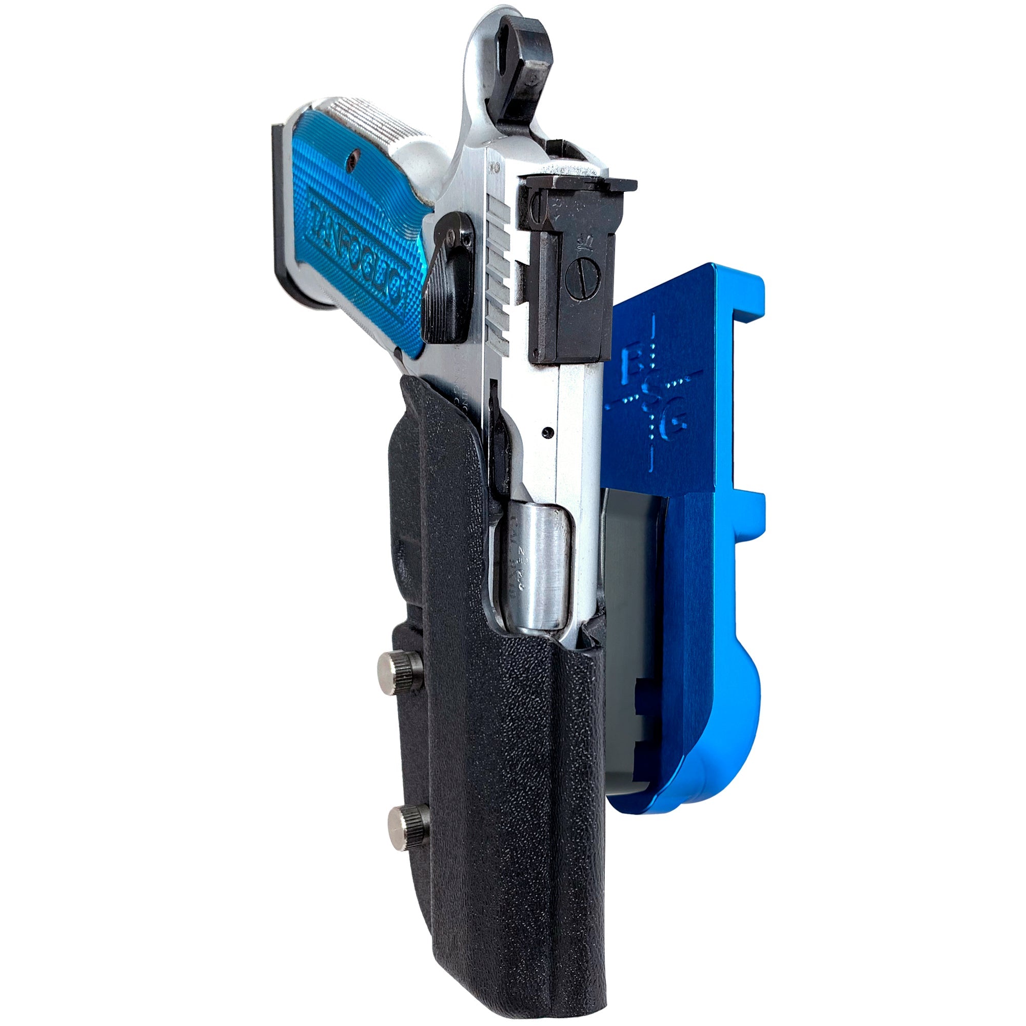 Tanfoglio Stock 2 IPSC/USPA Quick Mount Holster with Blue Belt Attachment, Black Holster Shell