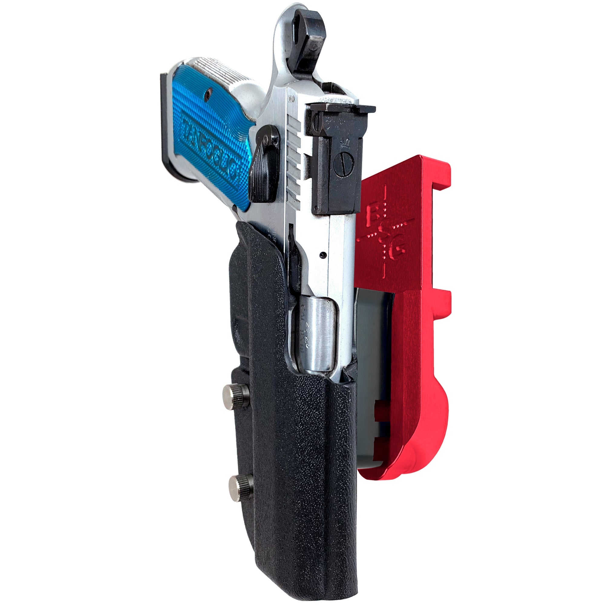 Tanfoglio Stock 2 IPSC/USPA Quick Mount Holster with Red Belt Attachment, Black Holster Shell