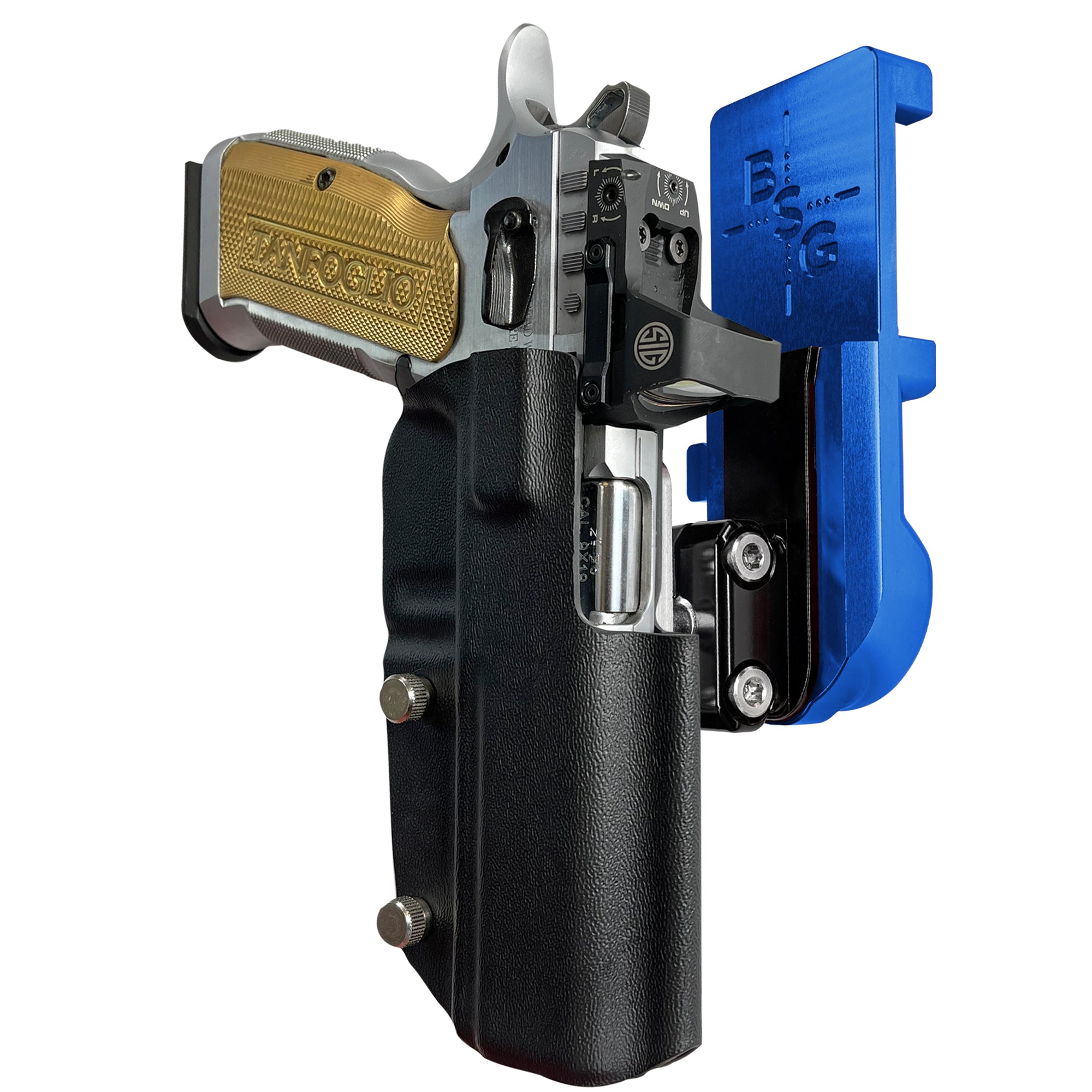Tanfoglio Stock 3 IPSC/USPA Quick Mount Ball Joint Holster with Blue Belt Attachment, Black Holster Shell