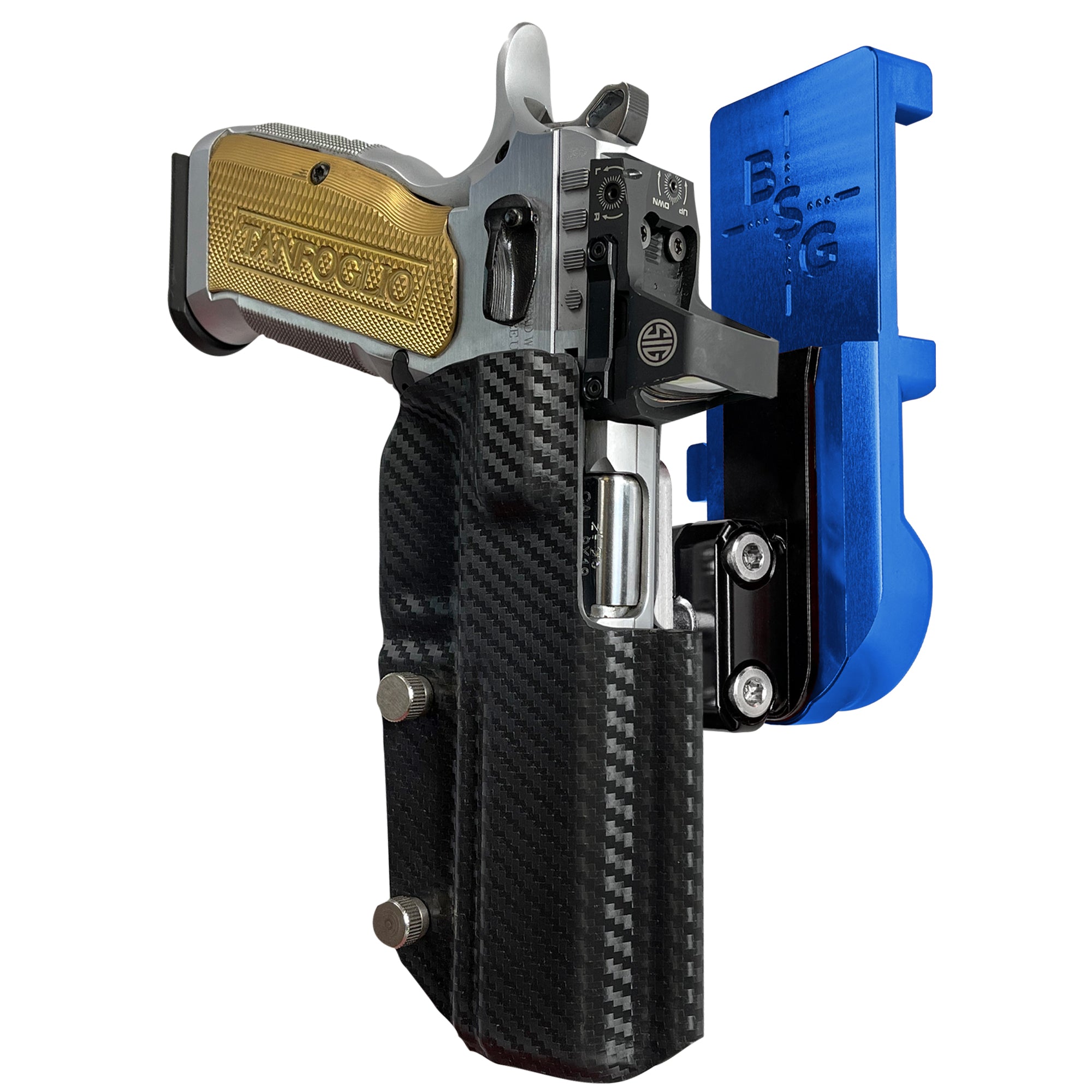 Tanfoglio Stock 3 IPSC/USPA Quick Mount Ball Joint Holster with Blue Belt Attachment, Carbon Fiber Holster Shell