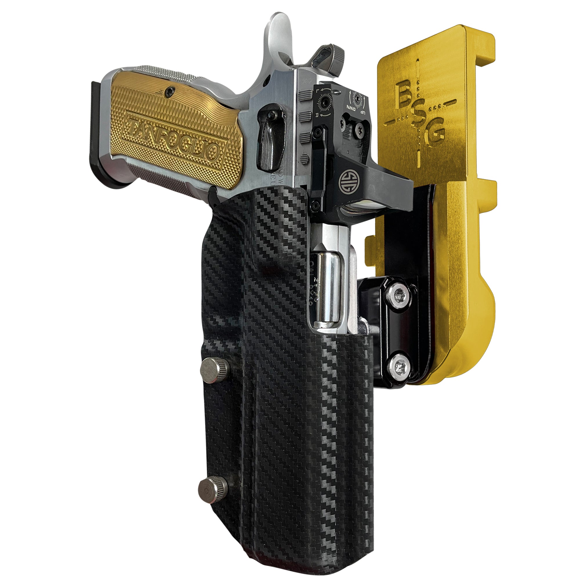 Tanfoglio Stock 3 IPSC/USPA Quick Mount Ball Joint Holster with 24K Gold Belt Attachment, Carbon Fiber Holster Shell