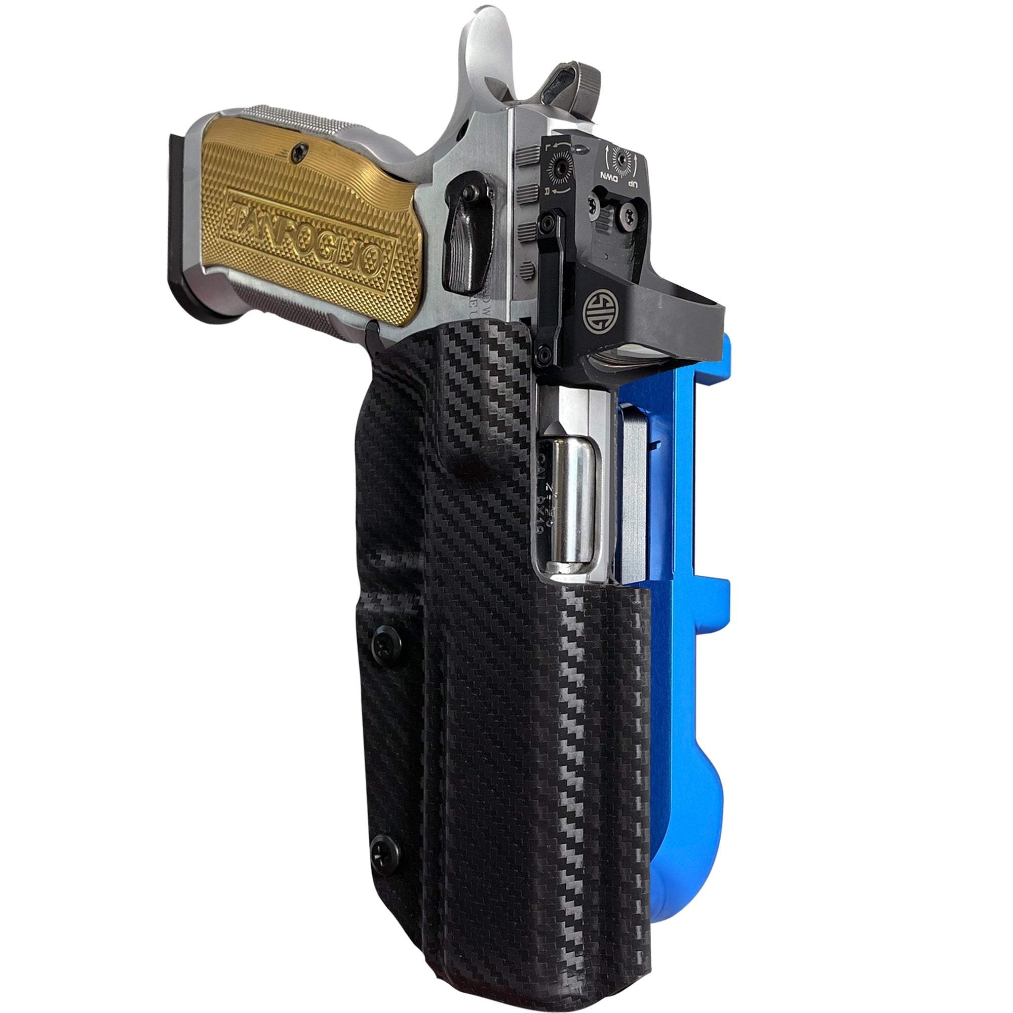 Tanfoglio Stock 3 IDPA Quick Mount Holster with Blue Belt Attachment, Carbon Fiber Holster Shell
