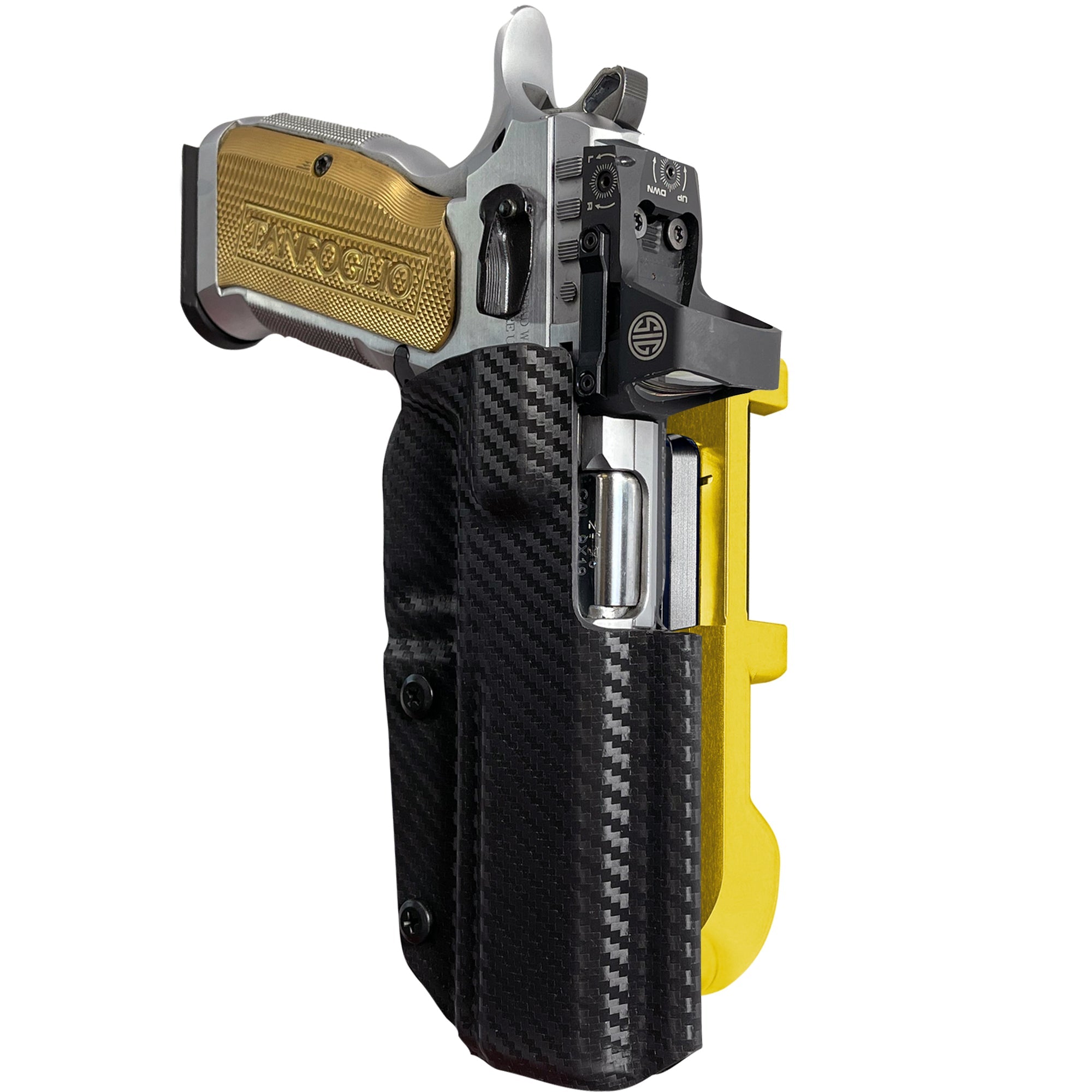 Tanfoglio Stock 3 IDPA Quick Mount Holster with 24K Gold Belt Attachment, Carbon Fiber Holster Shell