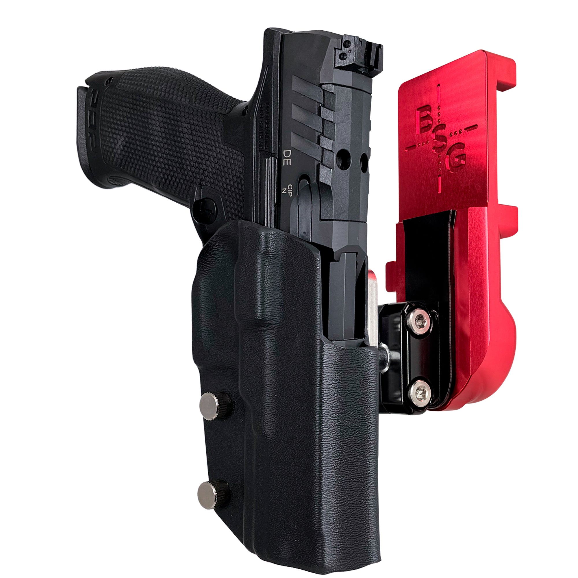 Walther PDP 5'' IPSC/USPA Quick Mount Ball Joint Holster with Red Belt Attachment, Black Holster Shell