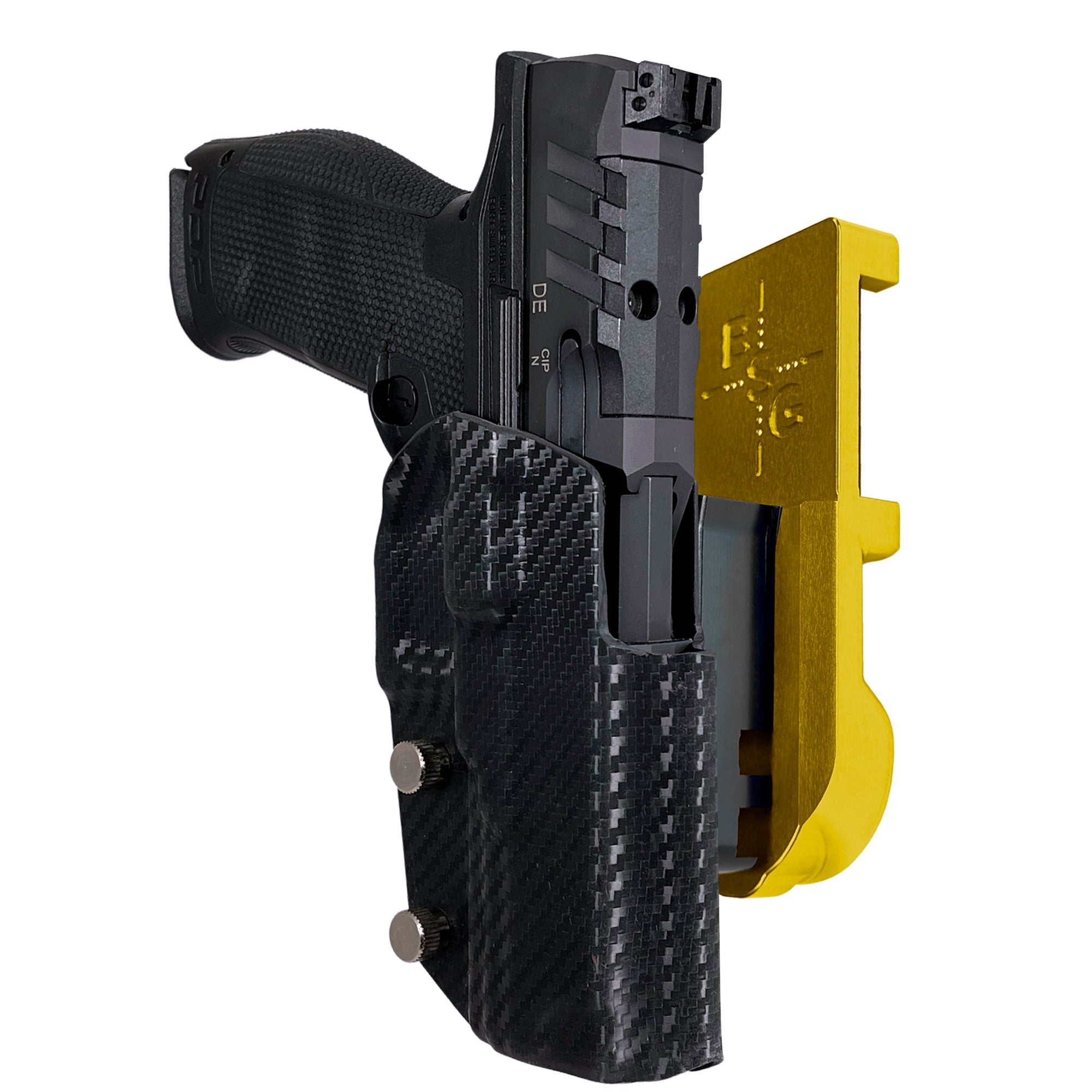 Walther PDP 4.5''' Polymer Frame IPSC/USPA Quick Mount Holster with 24K Gold Belt Attachment, Carbon Fiber Holster Shell