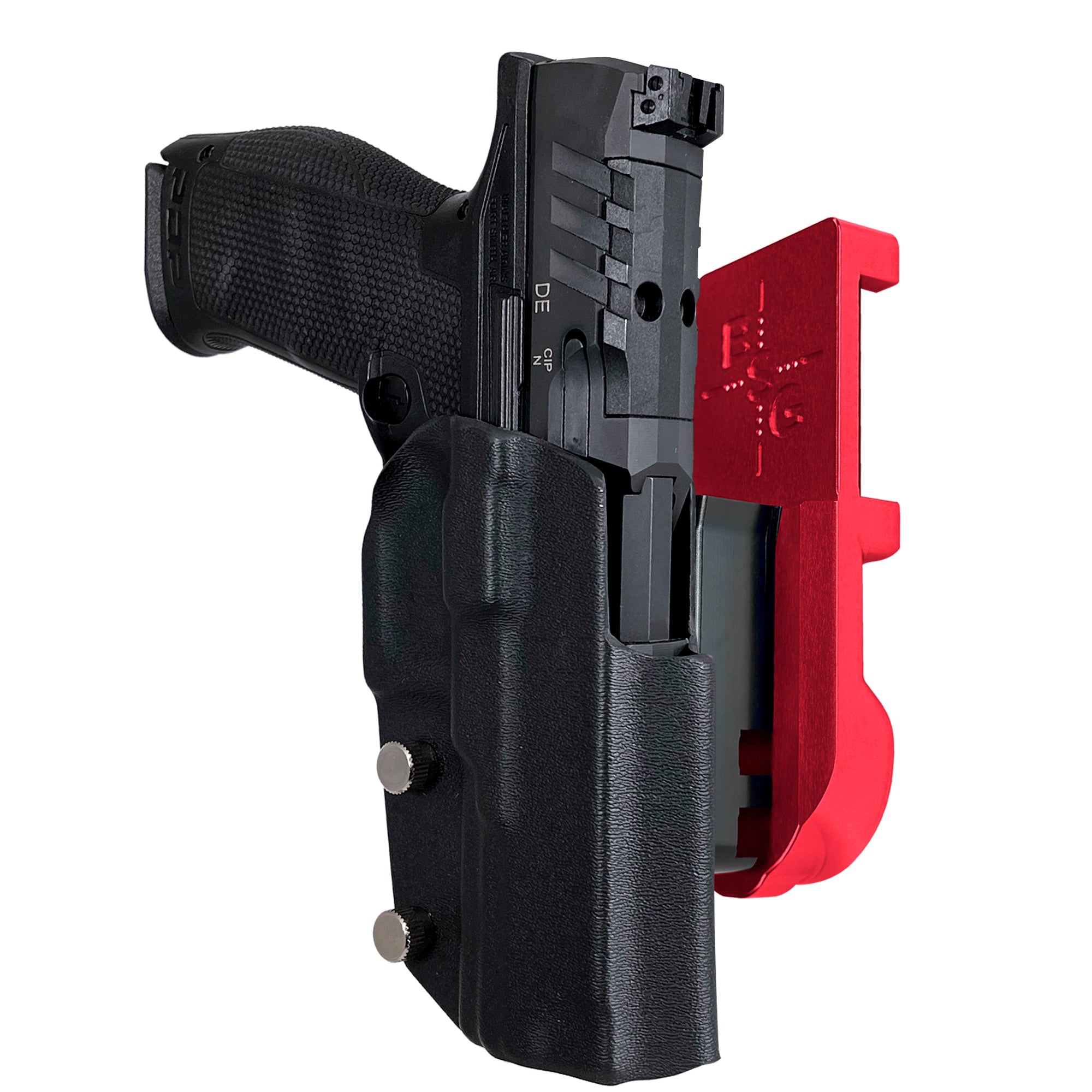 Walther PDP 4.5''' Polymer Frame IPSC/USPA Quick Mount Holster with Red Belt Attachment, Black Holster Shell