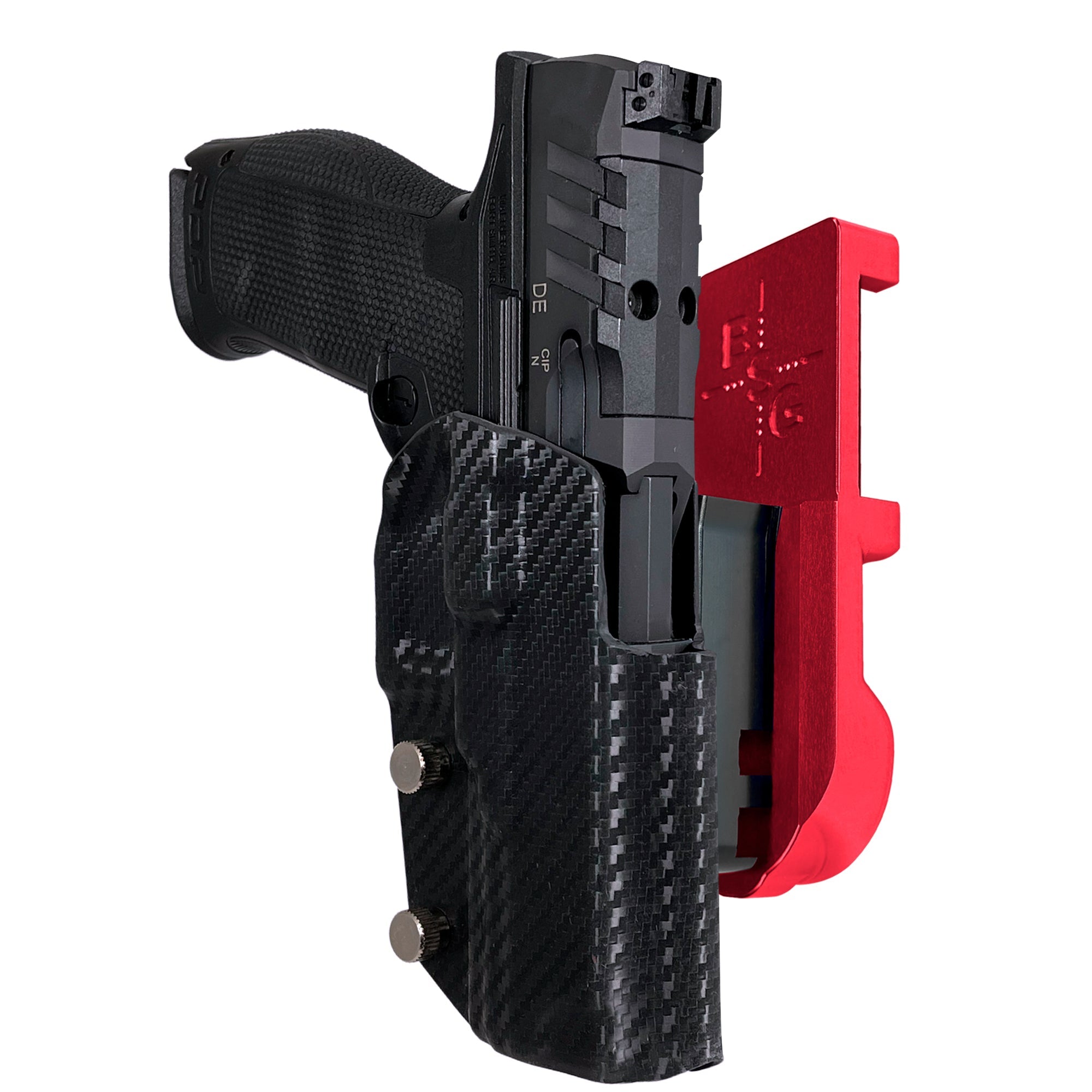Walther PDP 4.5''' Polymer Frame IPSC/USPA Quick Mount Holster with Red Belt Attachment, Carbon Fiber Holster Shell
