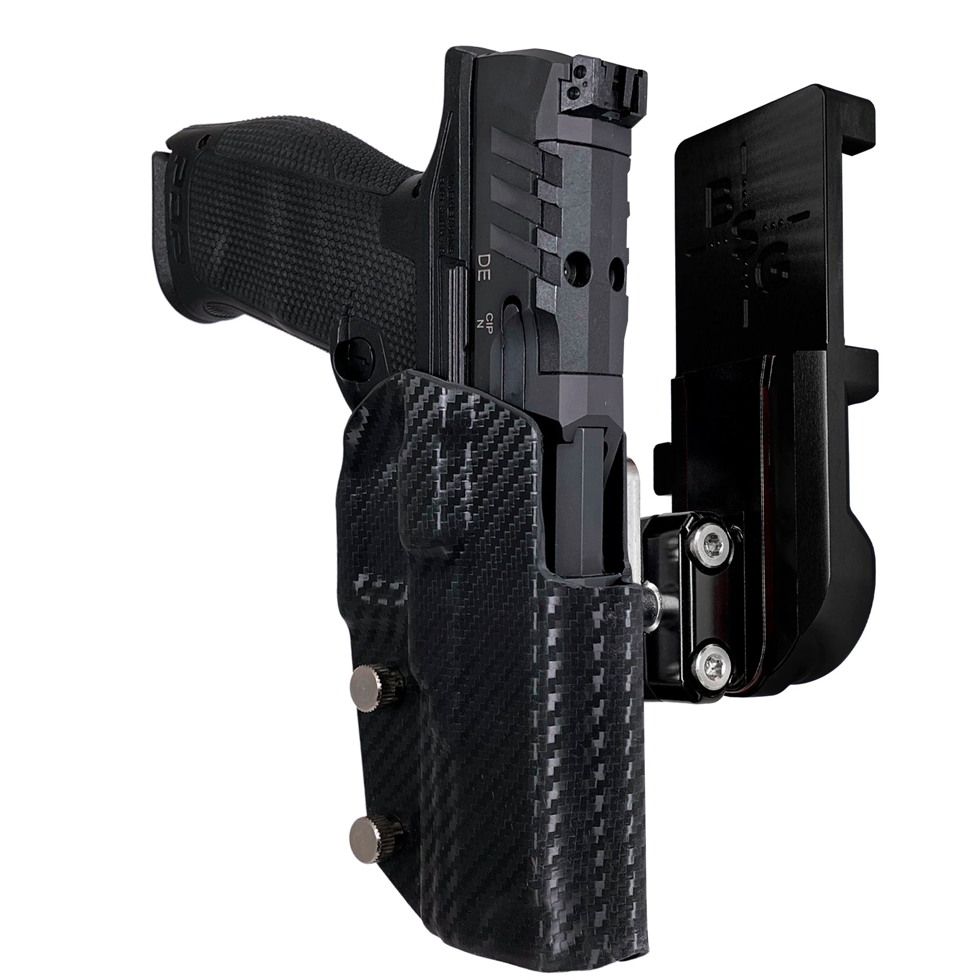 Walther PDP 4.5''' Polymer Frame IPSC/USPA Quick Mount Ball Joint Holster with Black Belt Attachment, Carbon Fiber Holster Shell