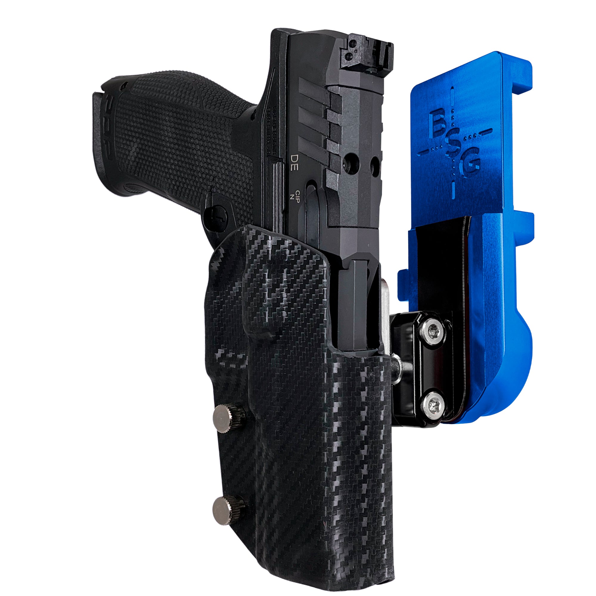 Walther PDP 4.5''' Polymer Frame IPSC/USPA Quick Mount Ball Joint Holster with Blue Belt Attachment, Carbon Fiber Holster Shell