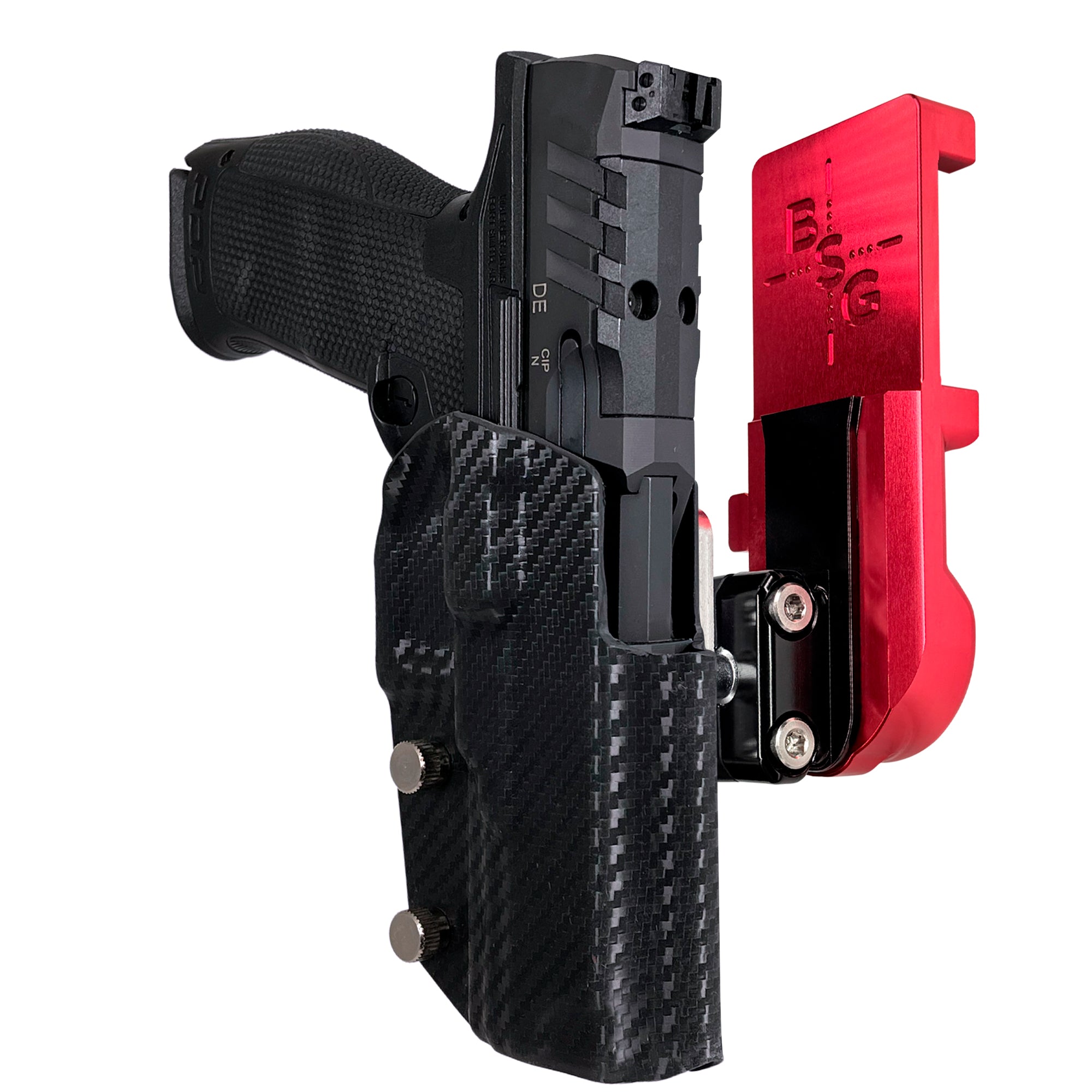 Walther PDP 4.5''' Polymer Frame IPSC/USPA Quick Mount Ball Joint Holster with Red Belt Attachment, Carbon Fiber Holster Shell
