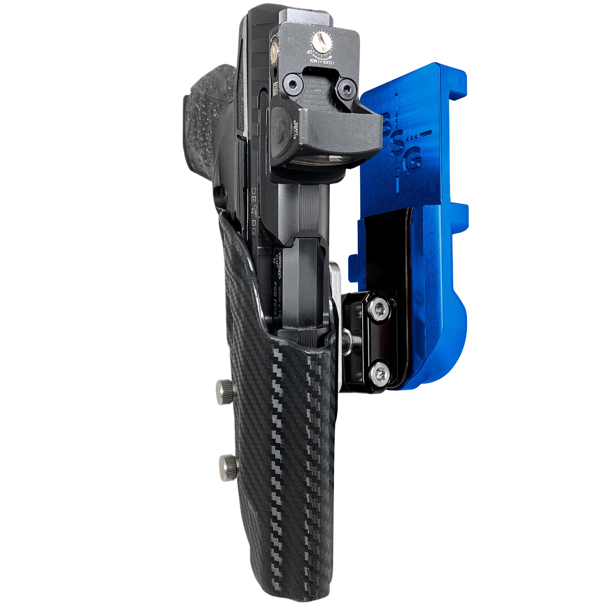 Walther Q5 Match Polymer IPSC/USPA Quick Mount Ball Joint Holster with Blue Belt Attachment, Carbon Fiber Holster Shell