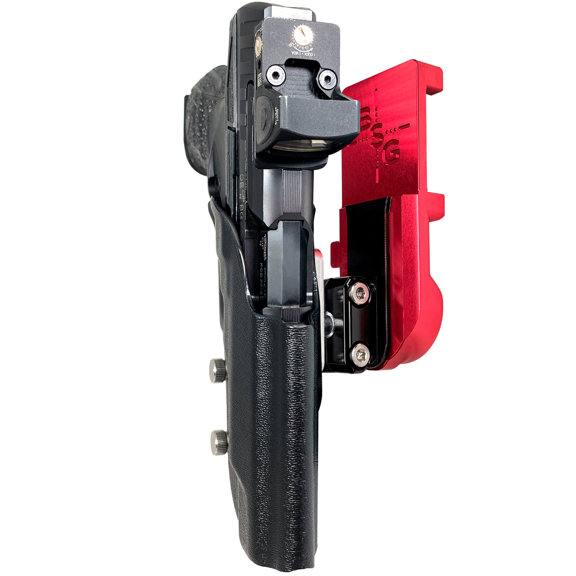 Walther Q5 Match Polymer IPSC/USPA Quick Mount Ball Joint Holster with Red Belt Attachment, Black Holster Shell