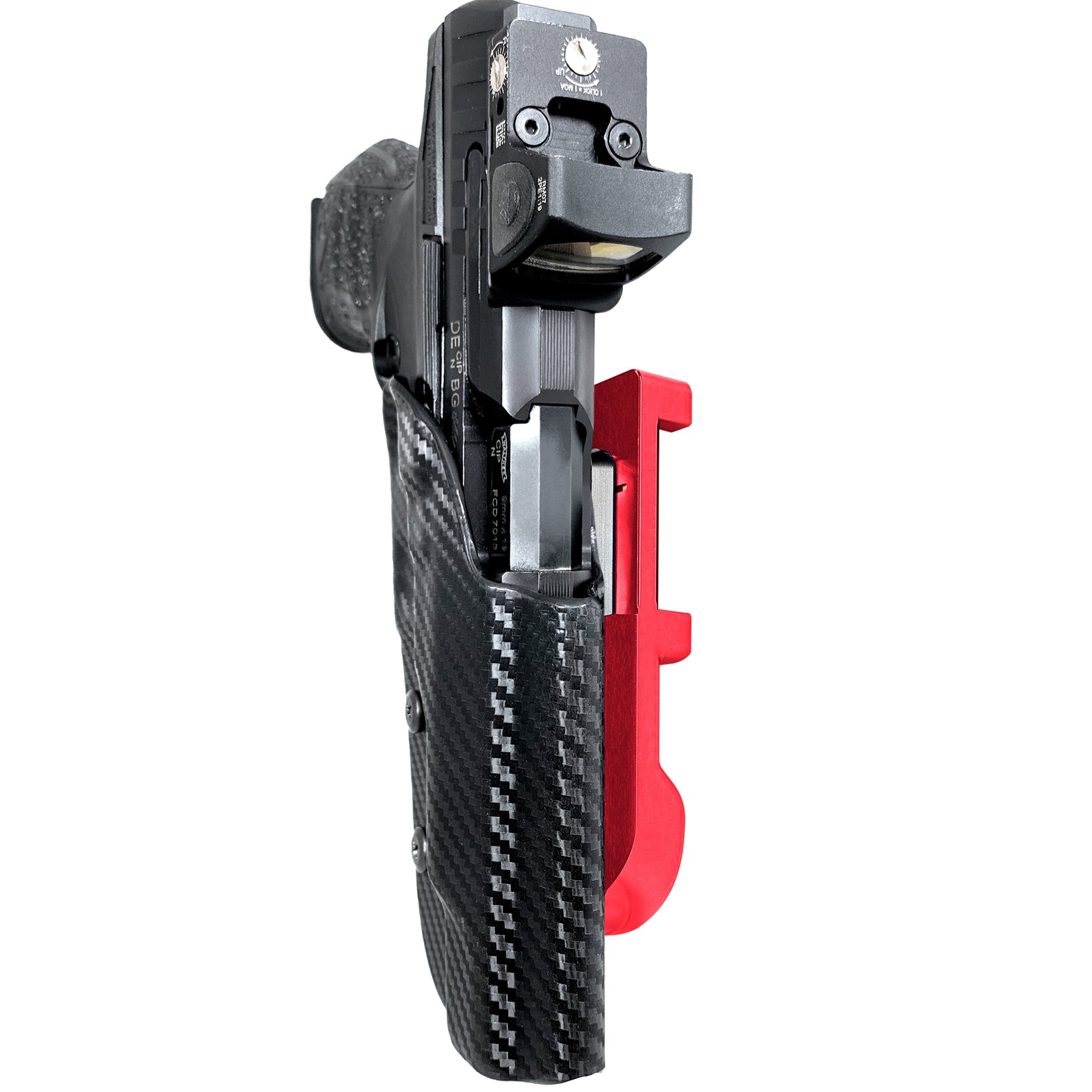 Walther Q5 Match Polymer IDPA Quick Mount Holster with Red Belt Attachment, Carbon Fiber Holster Shell