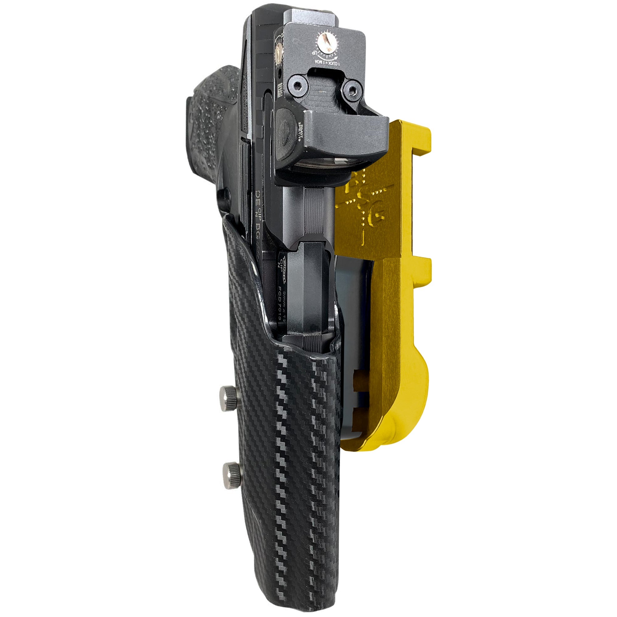 Walther Q5 Match Polymer IPSC/USPA Quick Mount Holster with 24K Gold Belt Attachment, Carbon Fiber Holster Shell