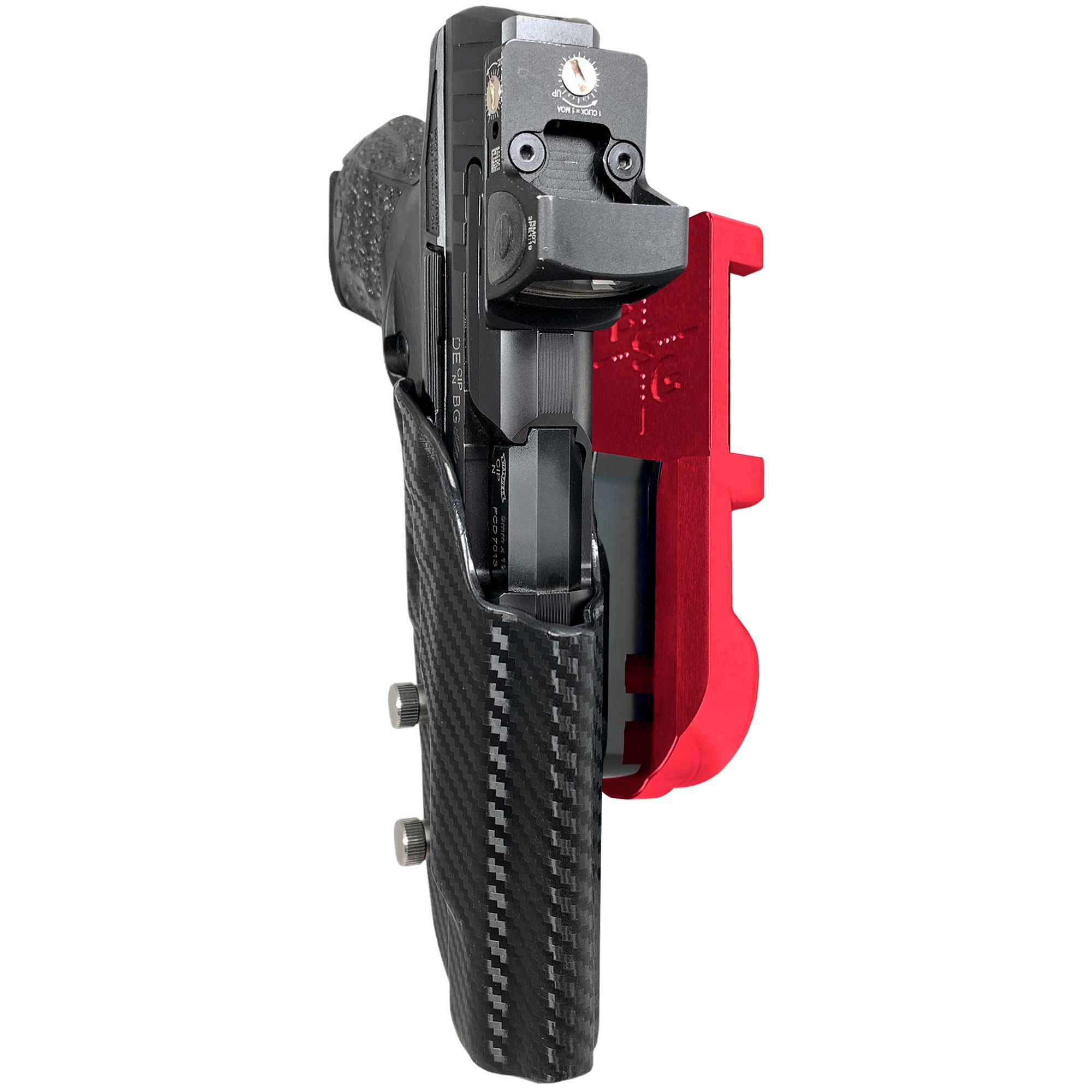 Walther Q5 Match Polymer IPSC/USPA Quick Mount Holster with Red Belt Attachment, Carbon Fiber Holster Shell
