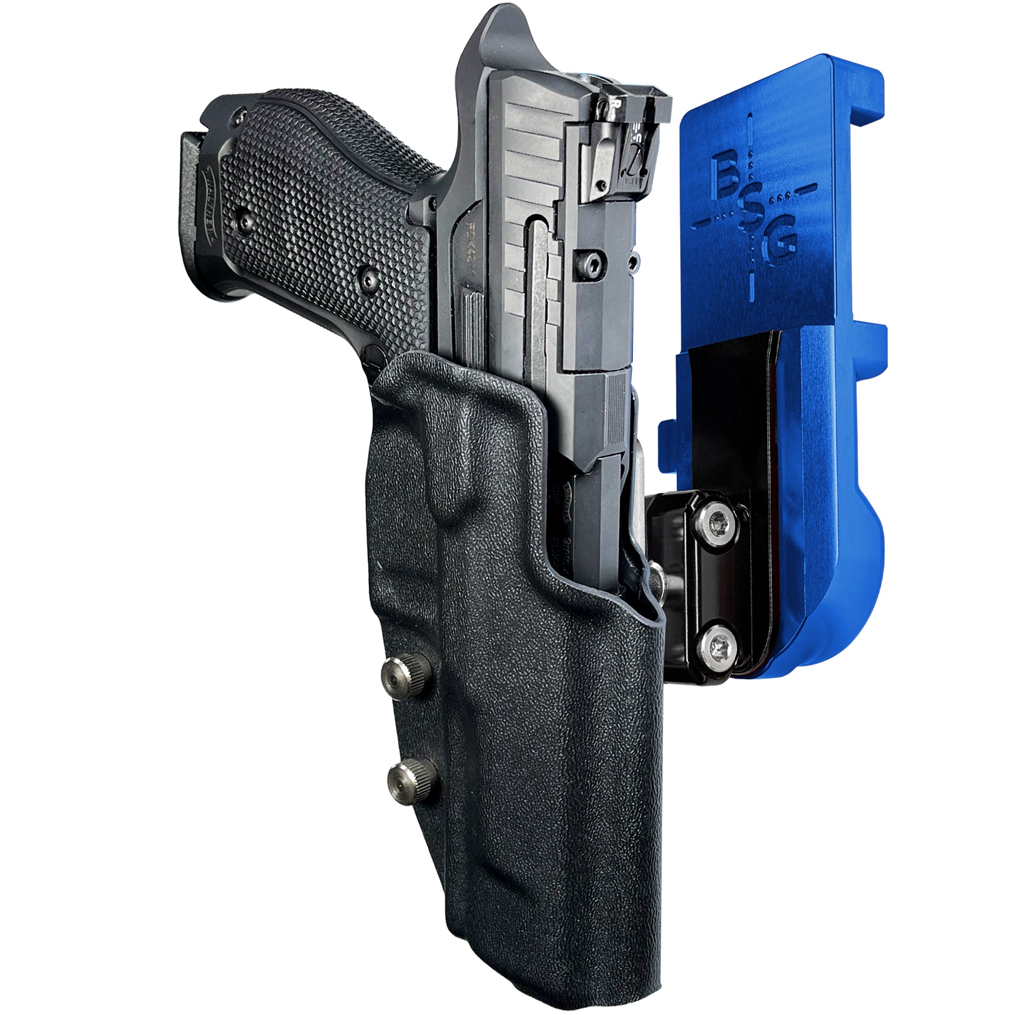 Walther Q5 Match SF IPSC/USPA Quick Mount Ball Joint Holster with Blue Belt Attachment, Black Holster Shell