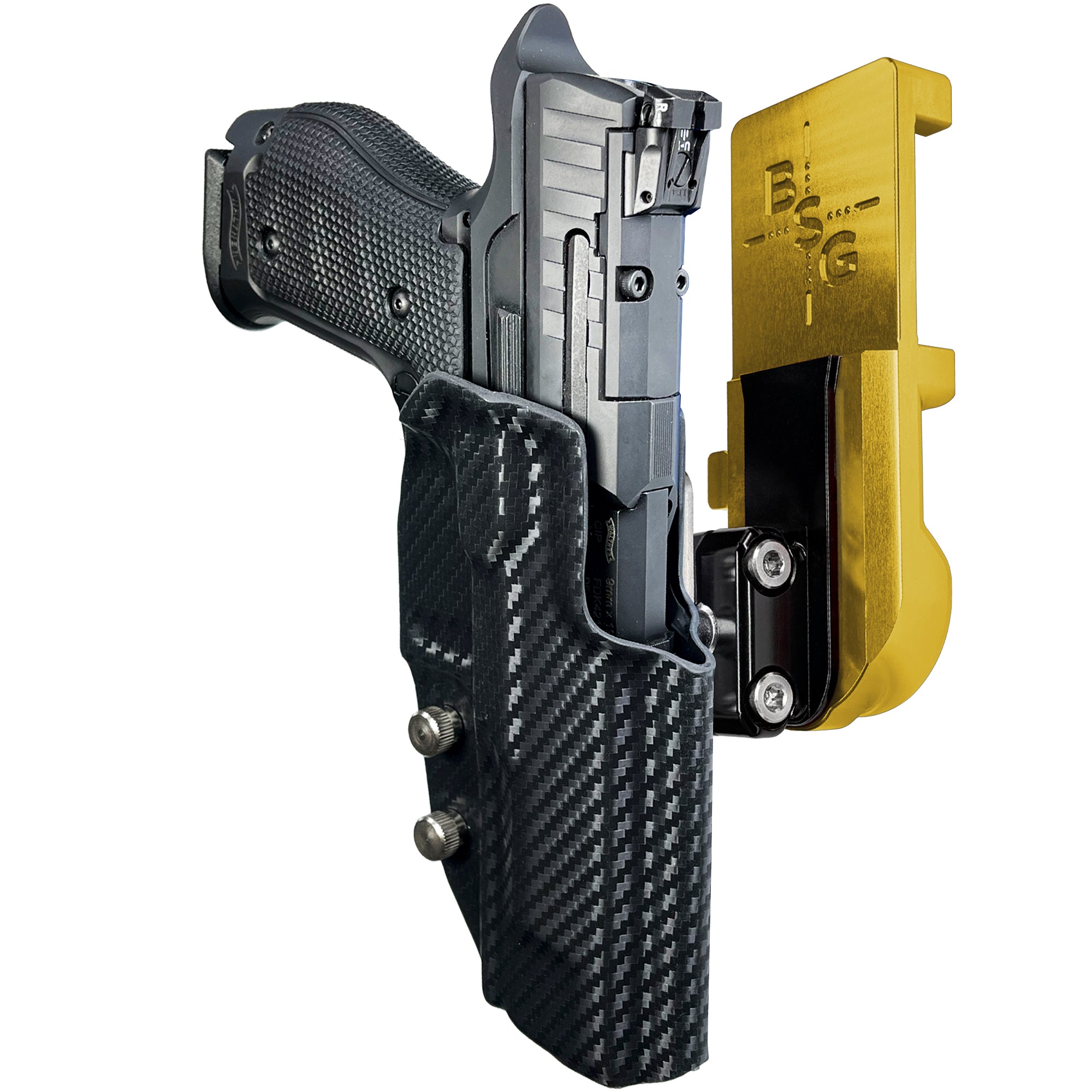 Walther Q5 Match SF IPSC/USPA Quick Mount Ball Joint Holster with 24K Gold Belt Attachment, Carbon Fiber Holster Shell