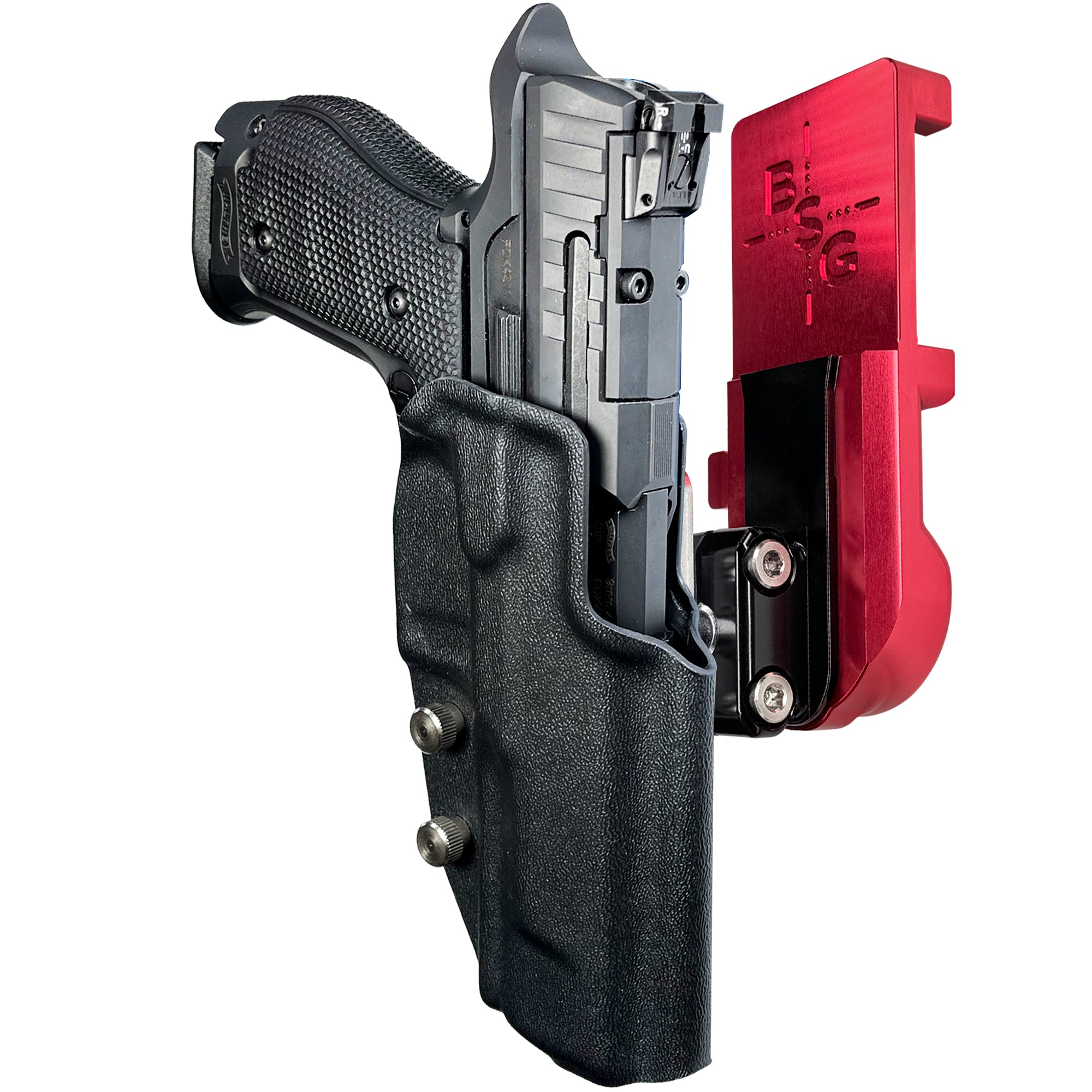 Walther Q5 Match SF IPSC/USPA Quick Mount Ball Joint Holster with Red Belt Attachment, Black Holster Shell