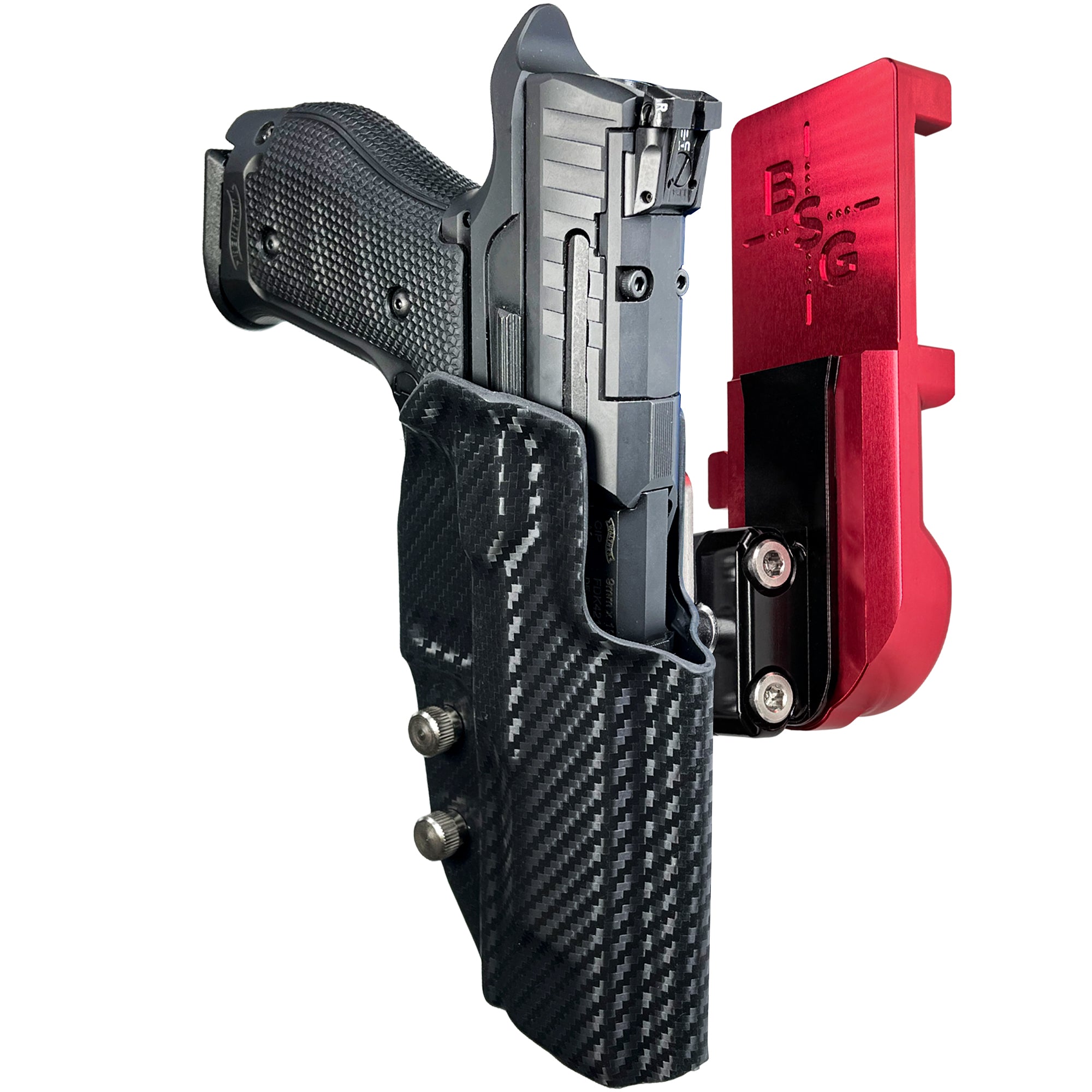 Walther Q5 Match SF IPSC/USPA Quick Mount Ball Joint Holster with Red Belt Attachment, Carbon Fiber Holster Shell