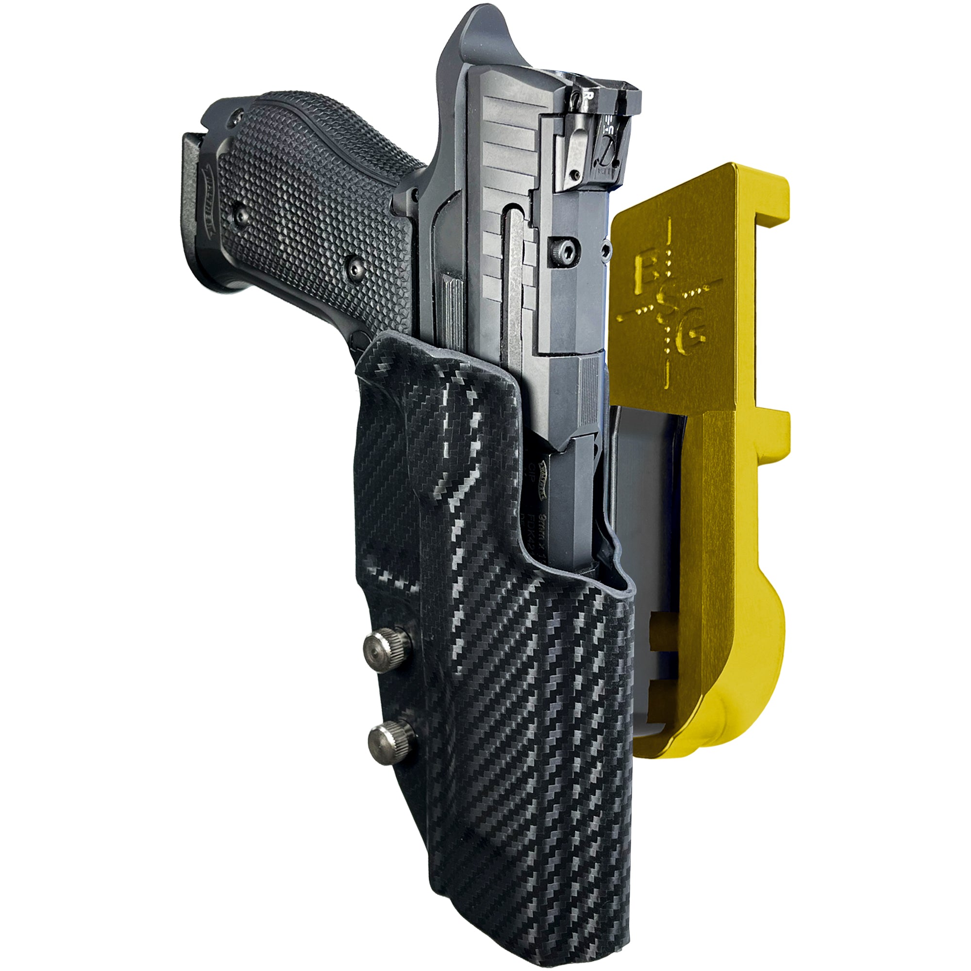 Walther Q5 Match SF IPSC/USPA Quick Mount Holster with 24K Gold Belt Attachment, Carbon Fiber Holster Shell