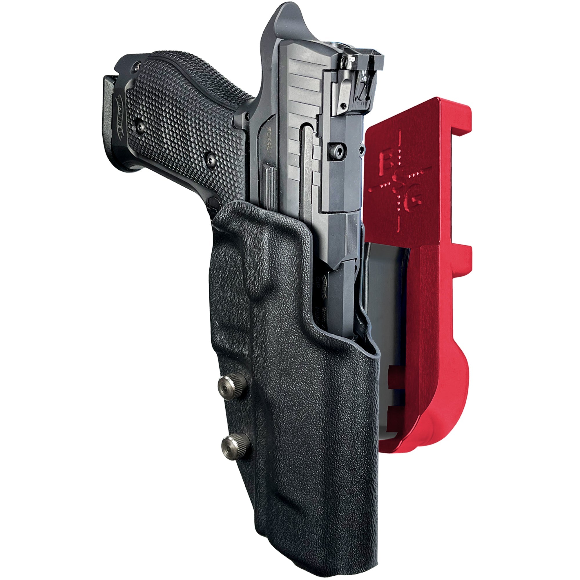 Walther Q5 Match SF IPSC/USPA Quick Mount Holster with Red Belt Attachment, Black Holster Shell