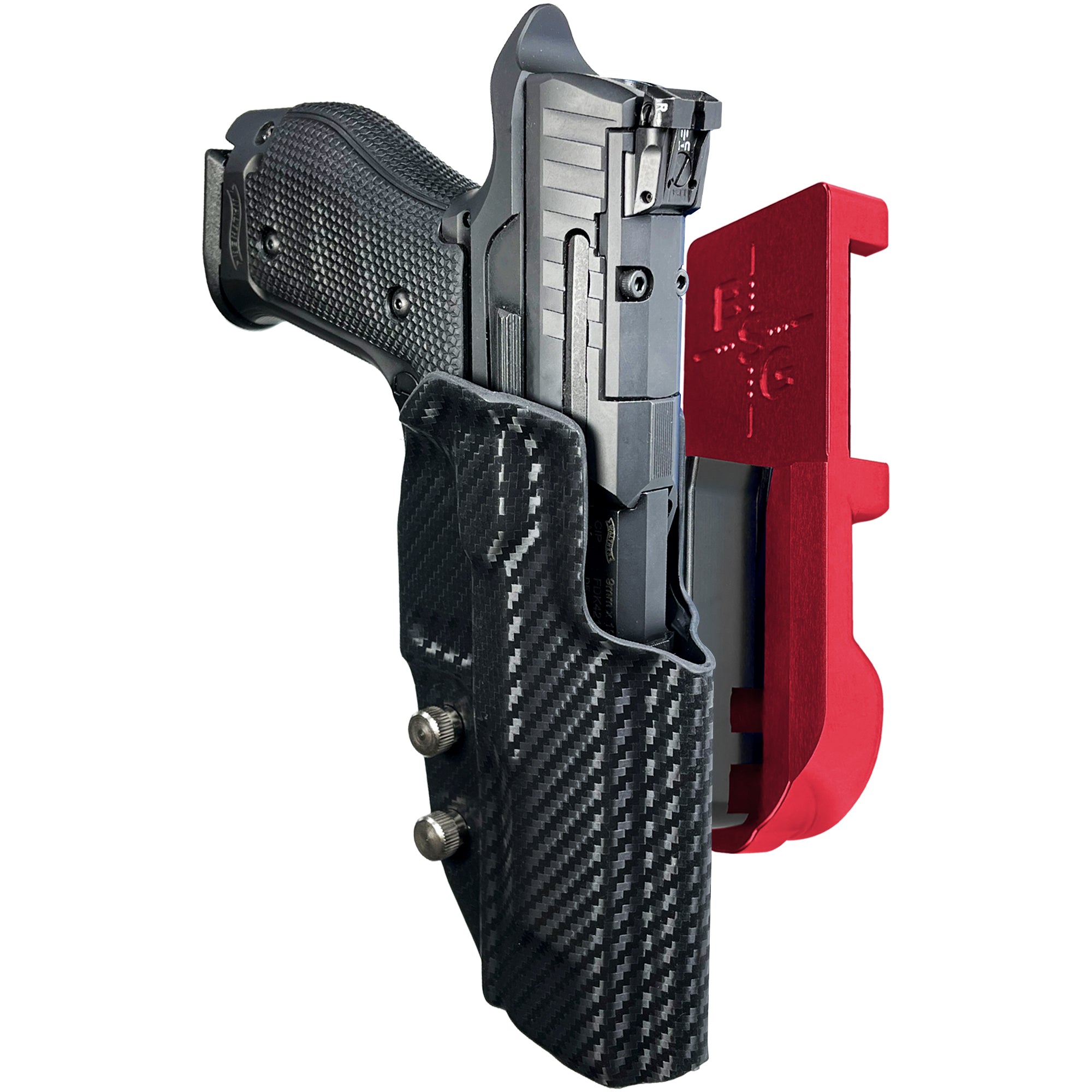 Walther Q5 Match SF IPSC/USPA Quick Mount Holster with Red Belt Attachment, Carbon Fiber Holster Shell