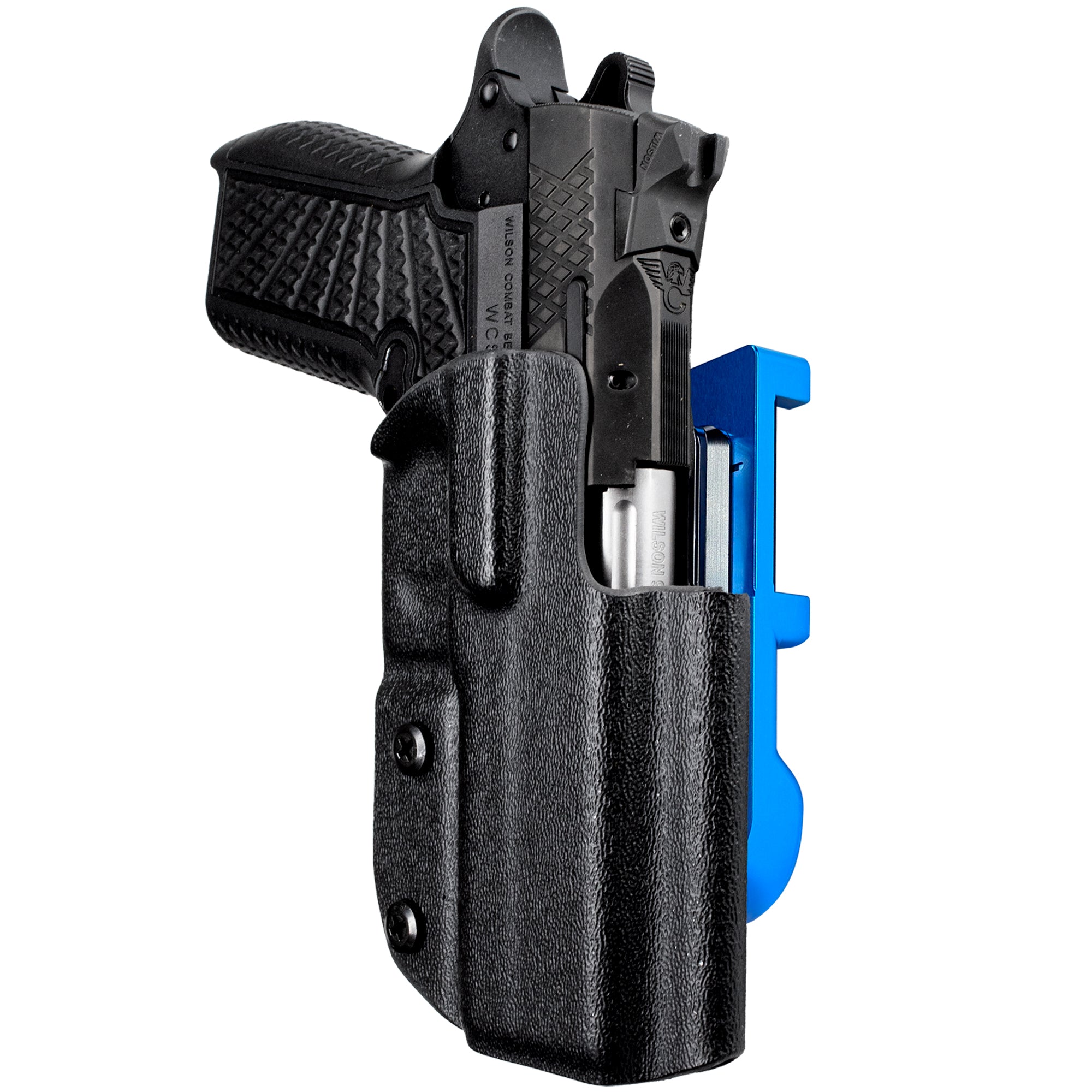 Wilson C. SFX9 4in IDPA Quick Mount Holster with Blue Belt Attachment, Black Holster Shell