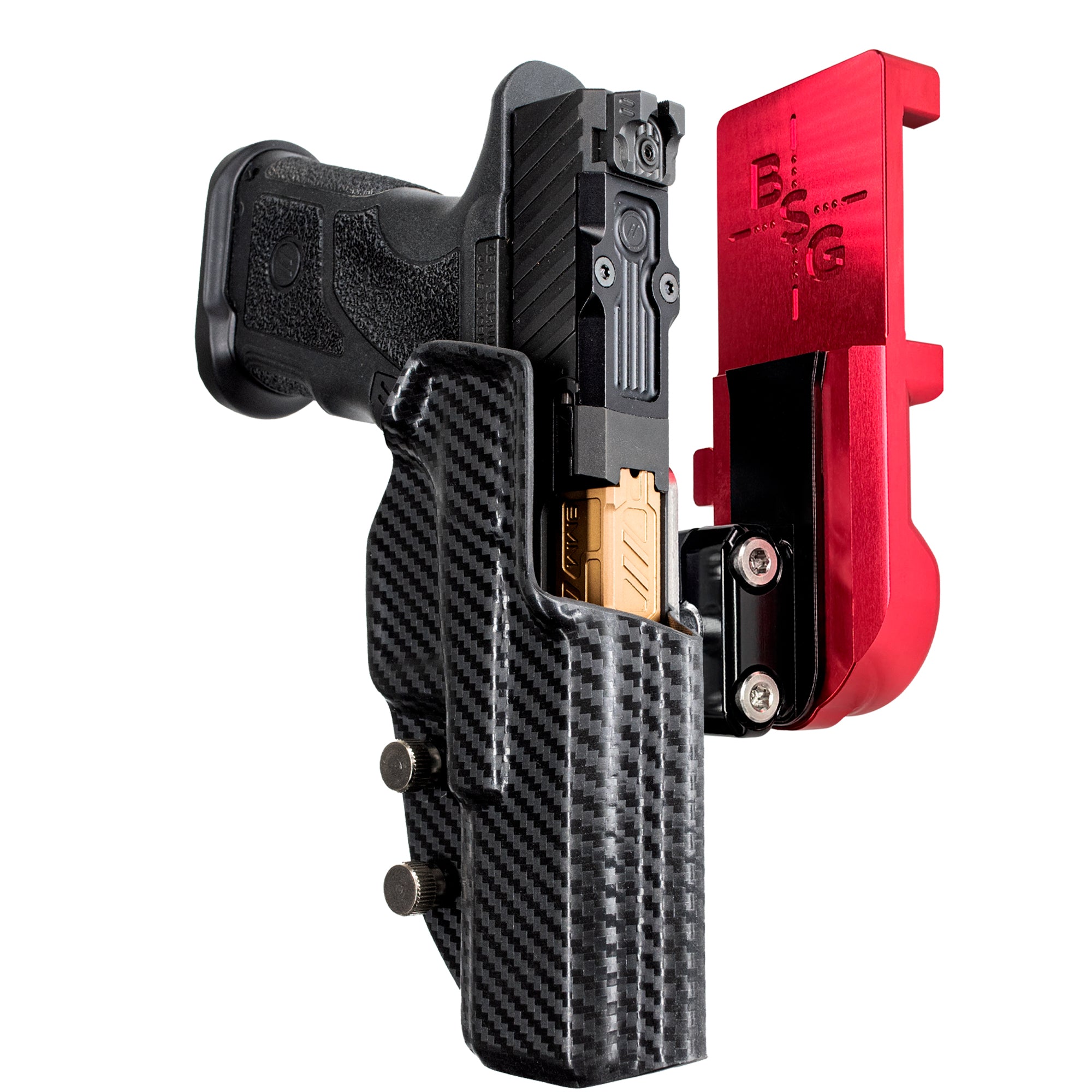 ZEV OZ9 4.48'' IPSC/USPA Quick Mount Ball Joint Holster with Red Belt Attachment, Carbon Fiber Holster Shell