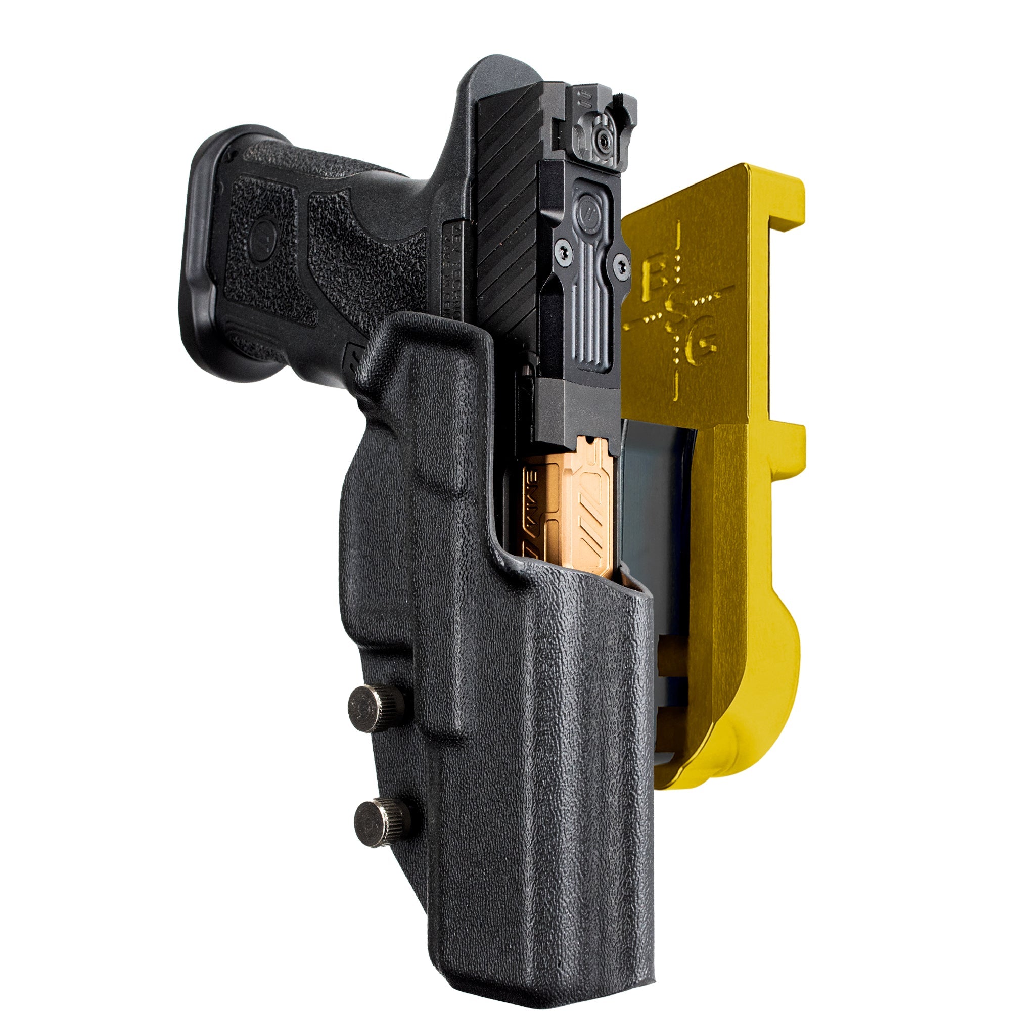 ZEV OZ9 4.48'' IPSC/USPA Quick Mount Holster with 24K Gold Belt Attachment, Black Holster Shell