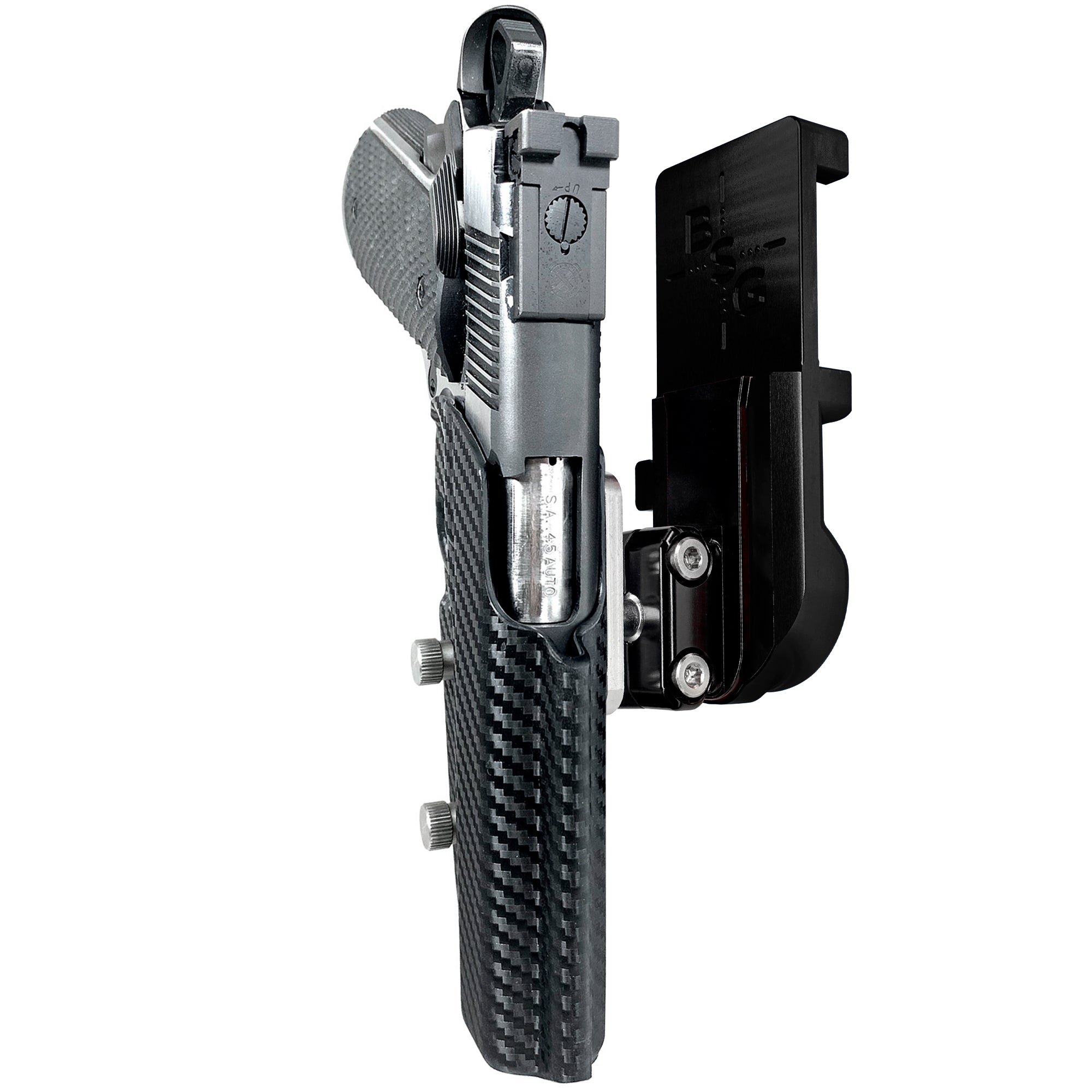 1911 4.25in (No Rail) IPSC/USPA Quick Mount Ball Joint Holster with Black Belt Attachment, Carbon Fiber Holster Shell