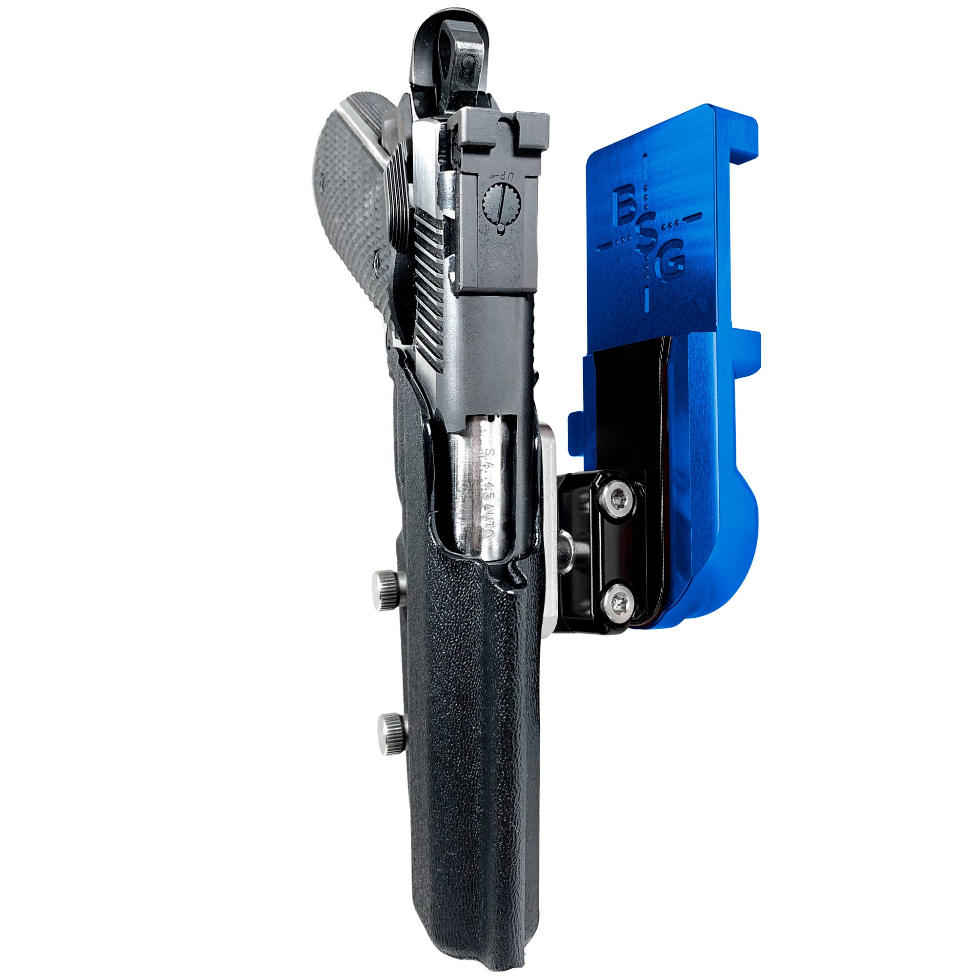 1911 4.25in (No Rail) IPSC/USPA Quick Mount Ball Joint Holster with Blue Belt Attachment, Black Holster Shell