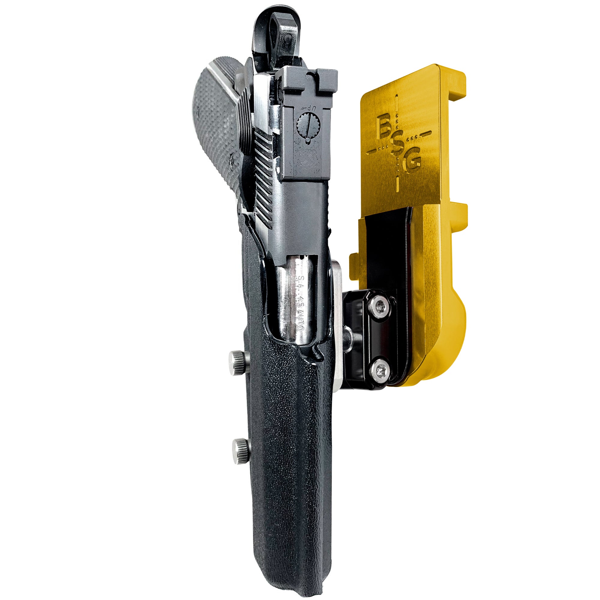 1911 4.25in (No Rail) IPSC/USPA Quick Mount Ball Joint Holster with 24K Gold Belt Attachment, Black Holster Shell