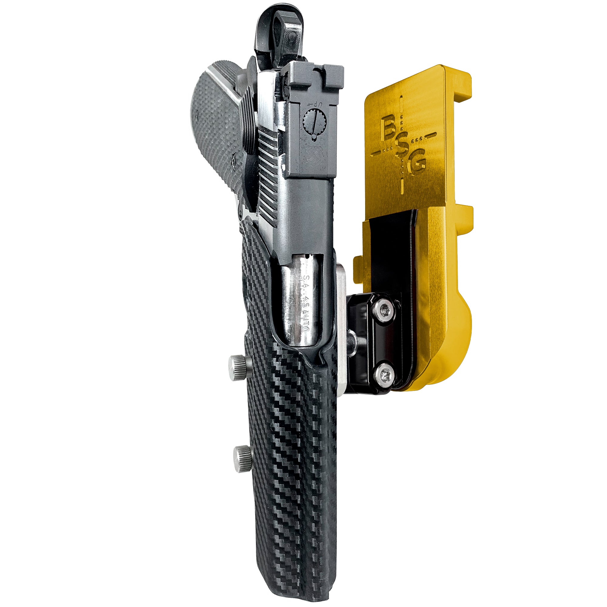 1911 4.25in (No Rail) IPSC/USPA Quick Mount Ball Joint Holster with 24K Gold Belt Attachment, Carbon Fiber Holster Shell