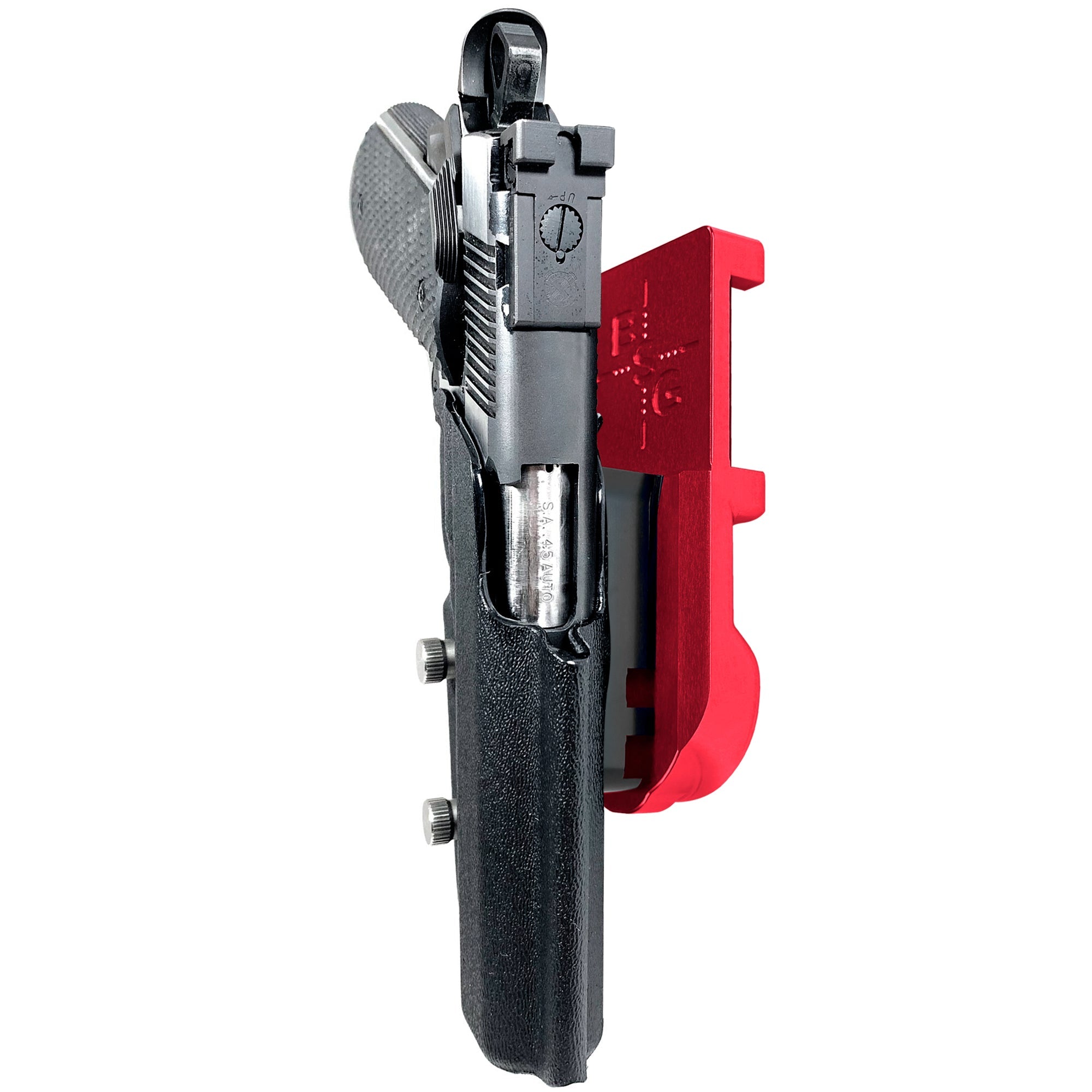 1911 5in IPSC/USPA Quick Mount Holster with Red Belt Attachment, Black Holster Shell