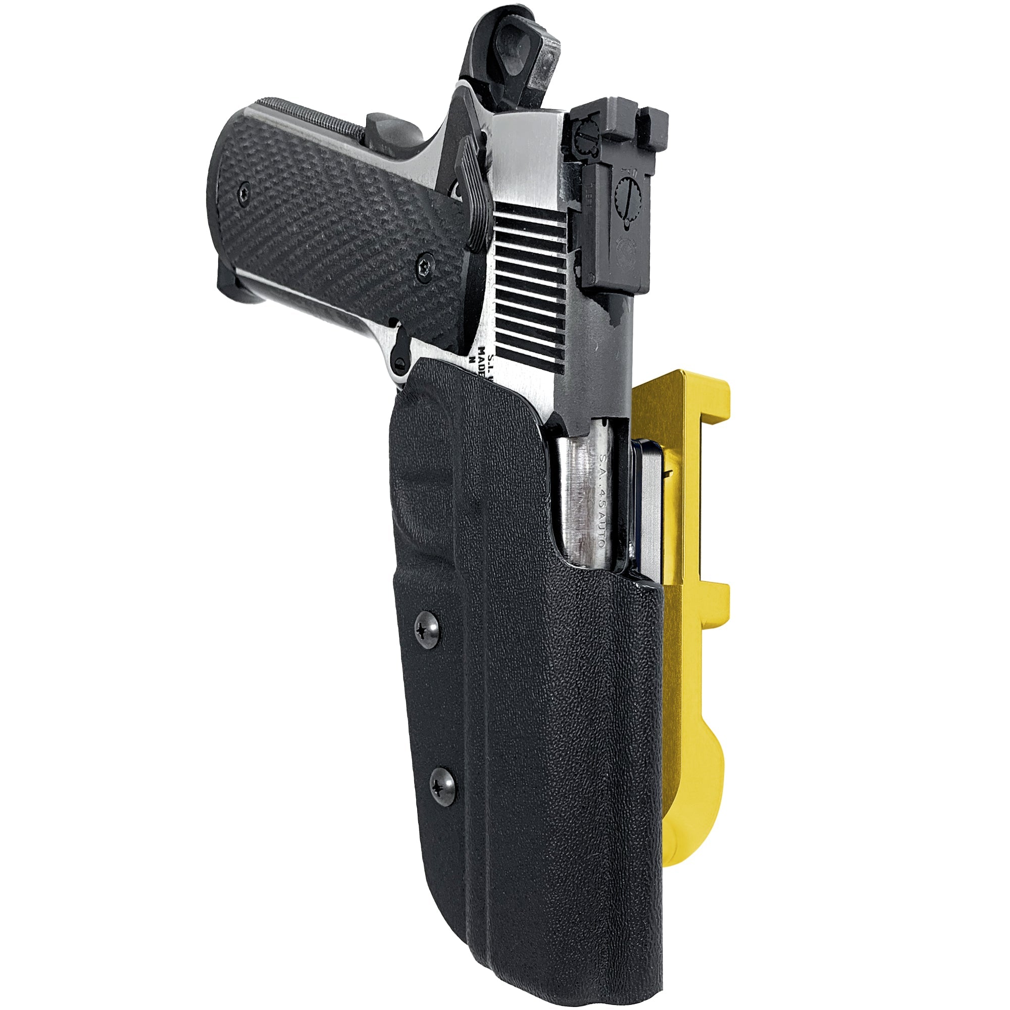 1911 5in IDPA Quick Mount Holster with 24K Gold Belt Attachment, Black Holster Shell