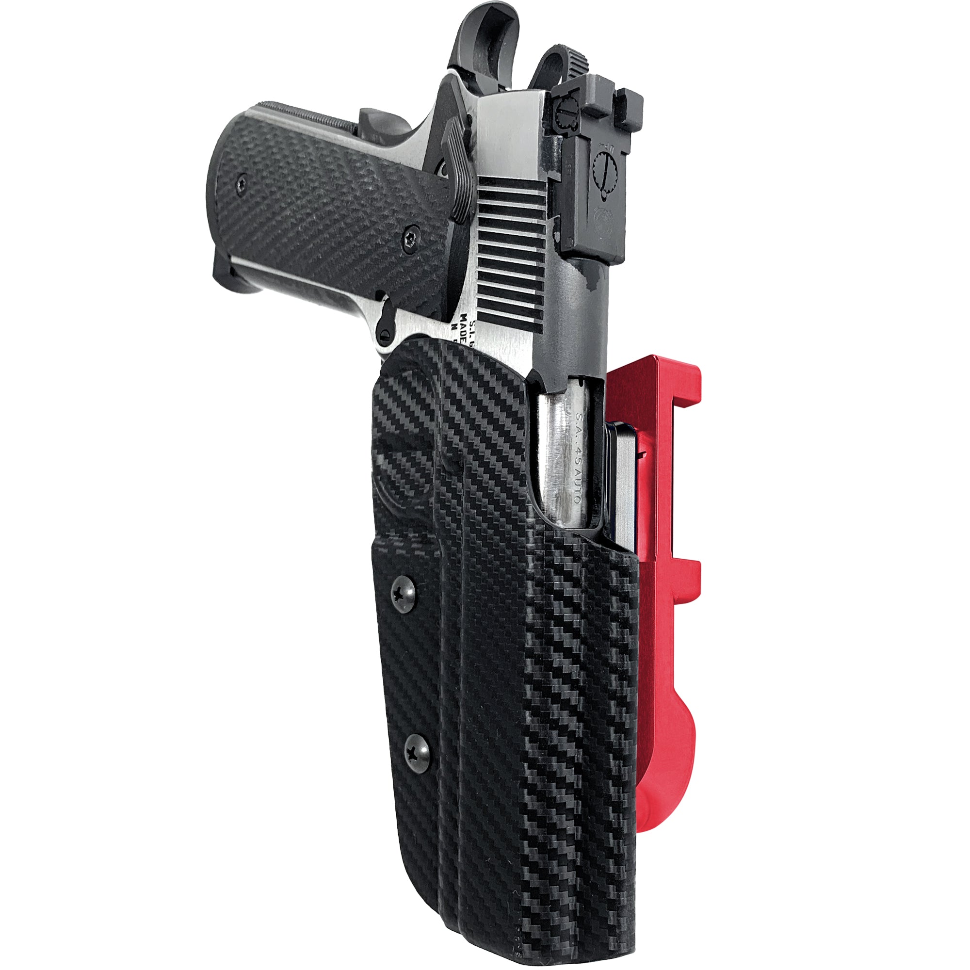 1911 5in IDPA Quick Mount Holster with Red Belt Attachment, Carbon Fiber Holster Shell
