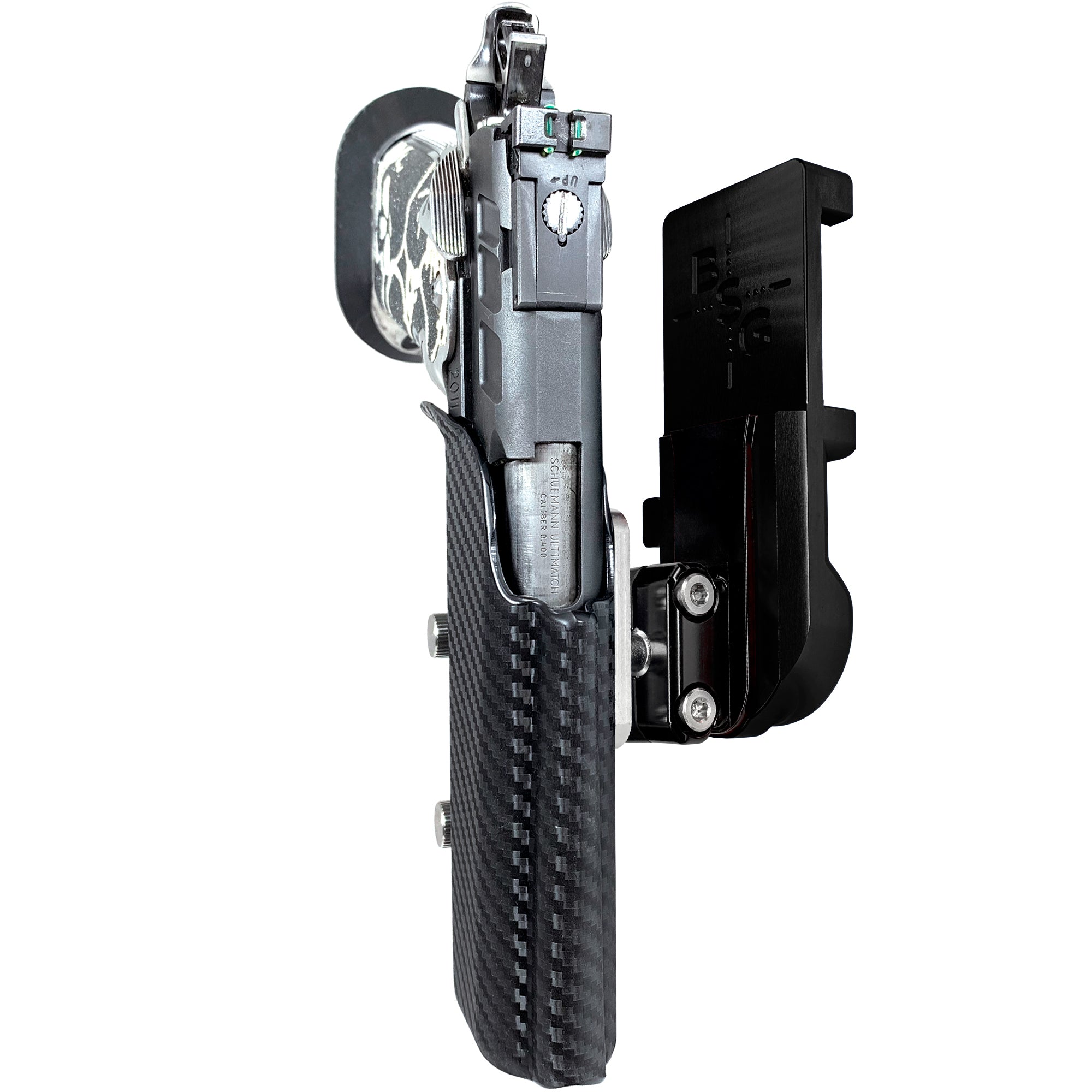 1911 5in IPSC/USPA Quick Mount Ball Joint Holster with Black Belt Attachment, Carbon Fiber Holster Shell