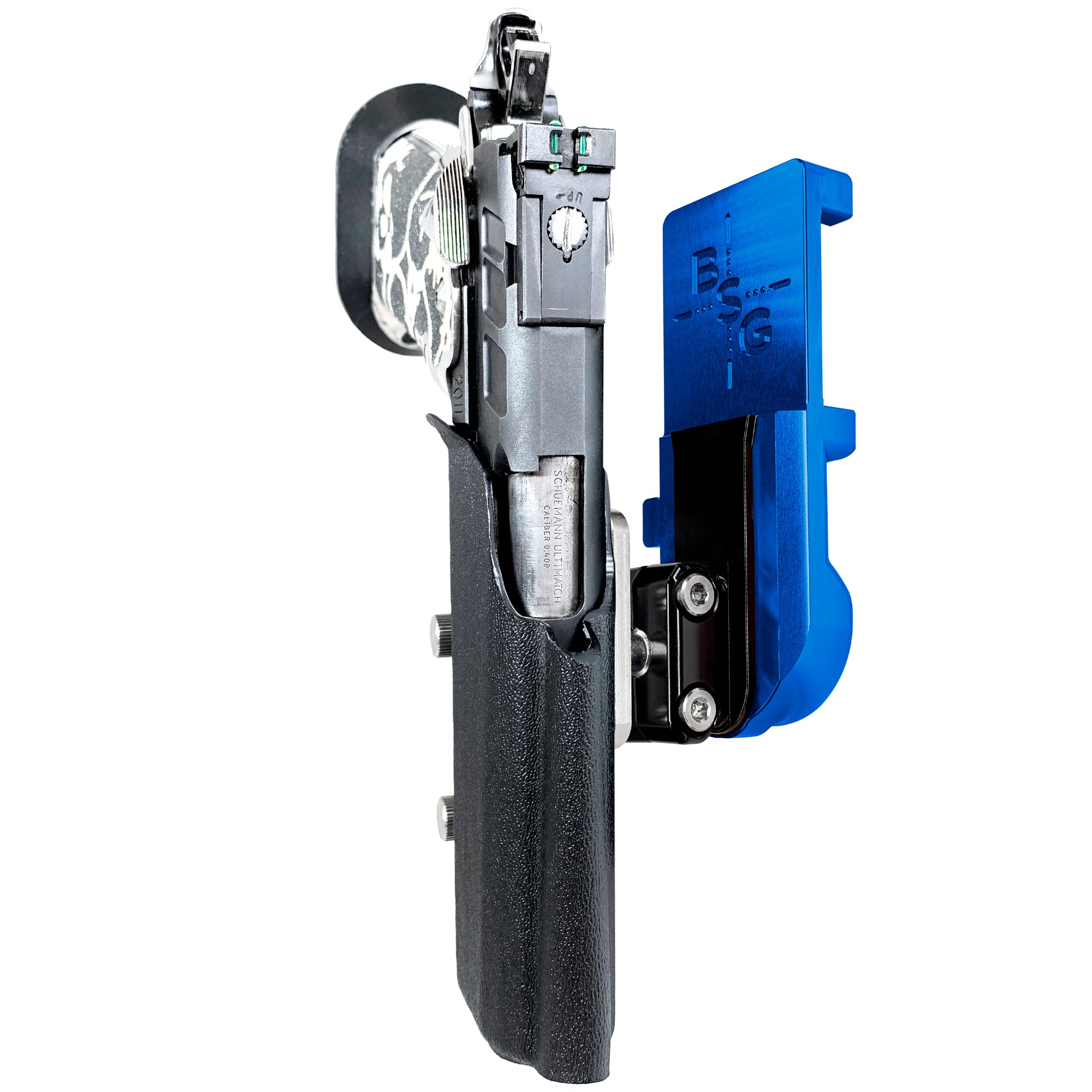 2011 5in w/ Rail IPSC/USPA Quick Mount Ball Joint Holster with Blue Belt Attachment, Black Holster Shell