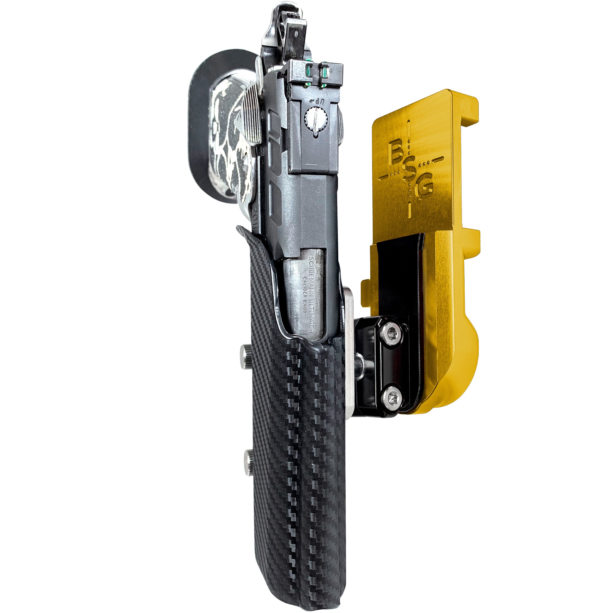 2011 5in w/ Rail IPSC/USPA Quick Mount Ball Joint Holster with 24K Gold Belt Attachment, Carbon Fiber Holster Shell
