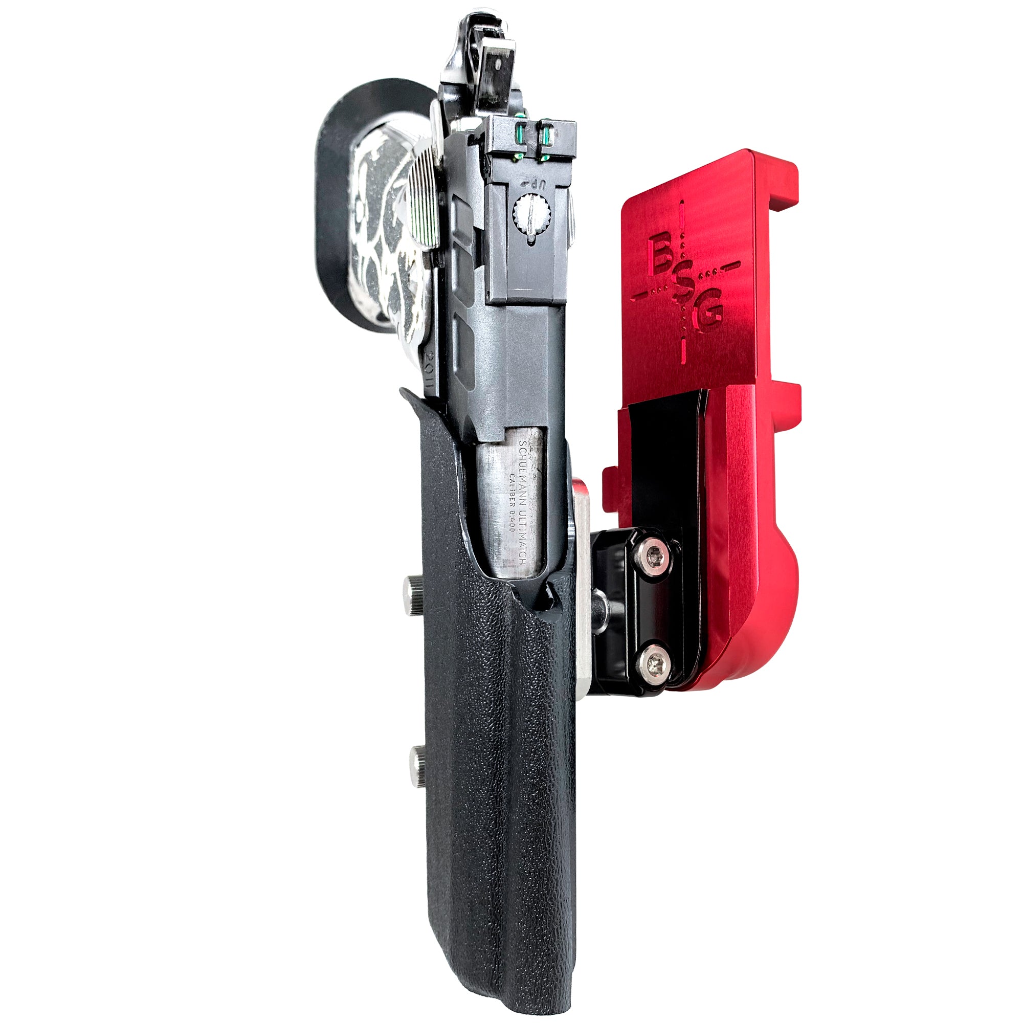 2011 5in w/ Rail IPSC/USPA Quick Mount Ball Joint Holster with Red Belt Attachment, Black Holster Shell