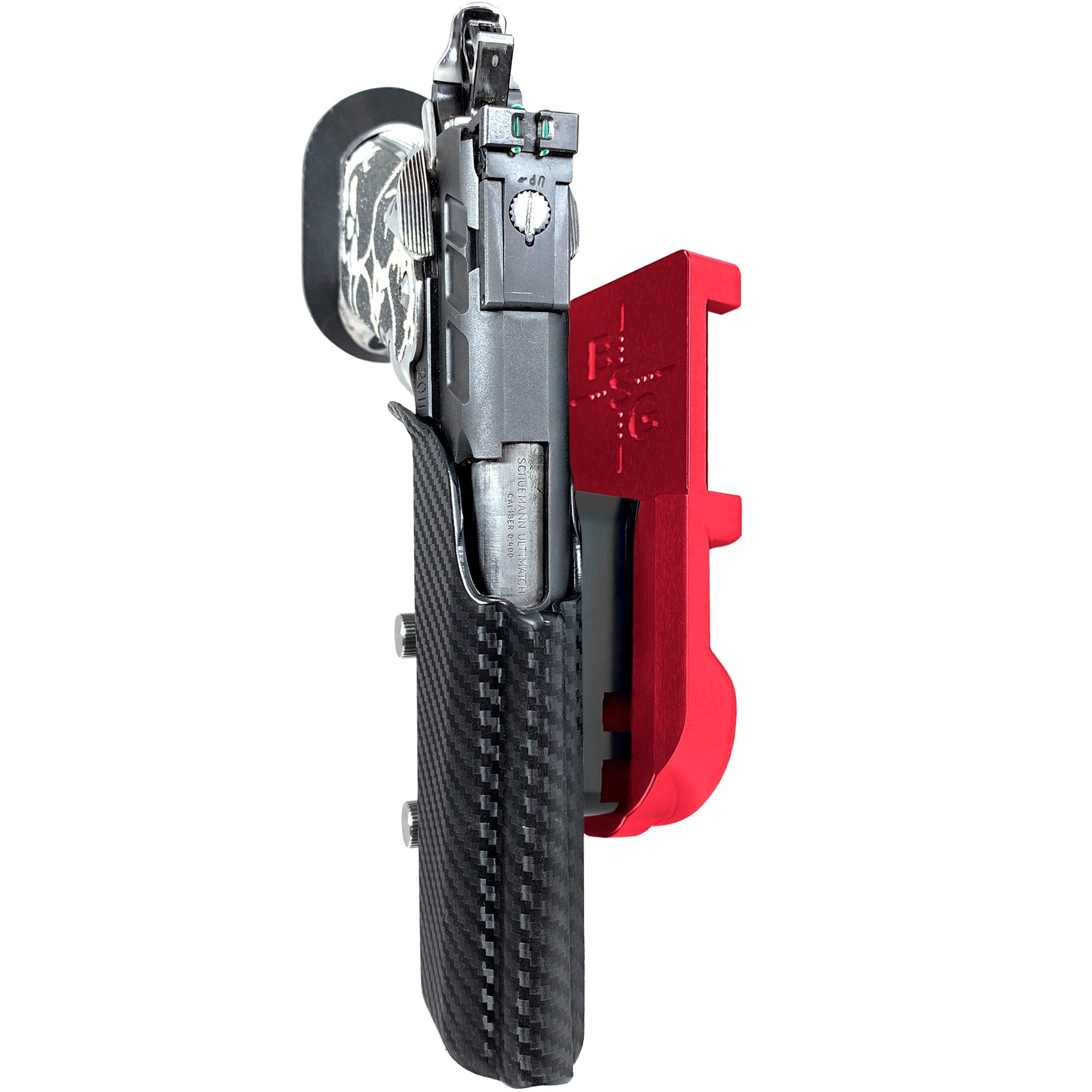 2011 5in w/ Rail IPSC/USPA Quick Mount Holster with Red Belt Attachment, Carbon Fiber Holster Shell