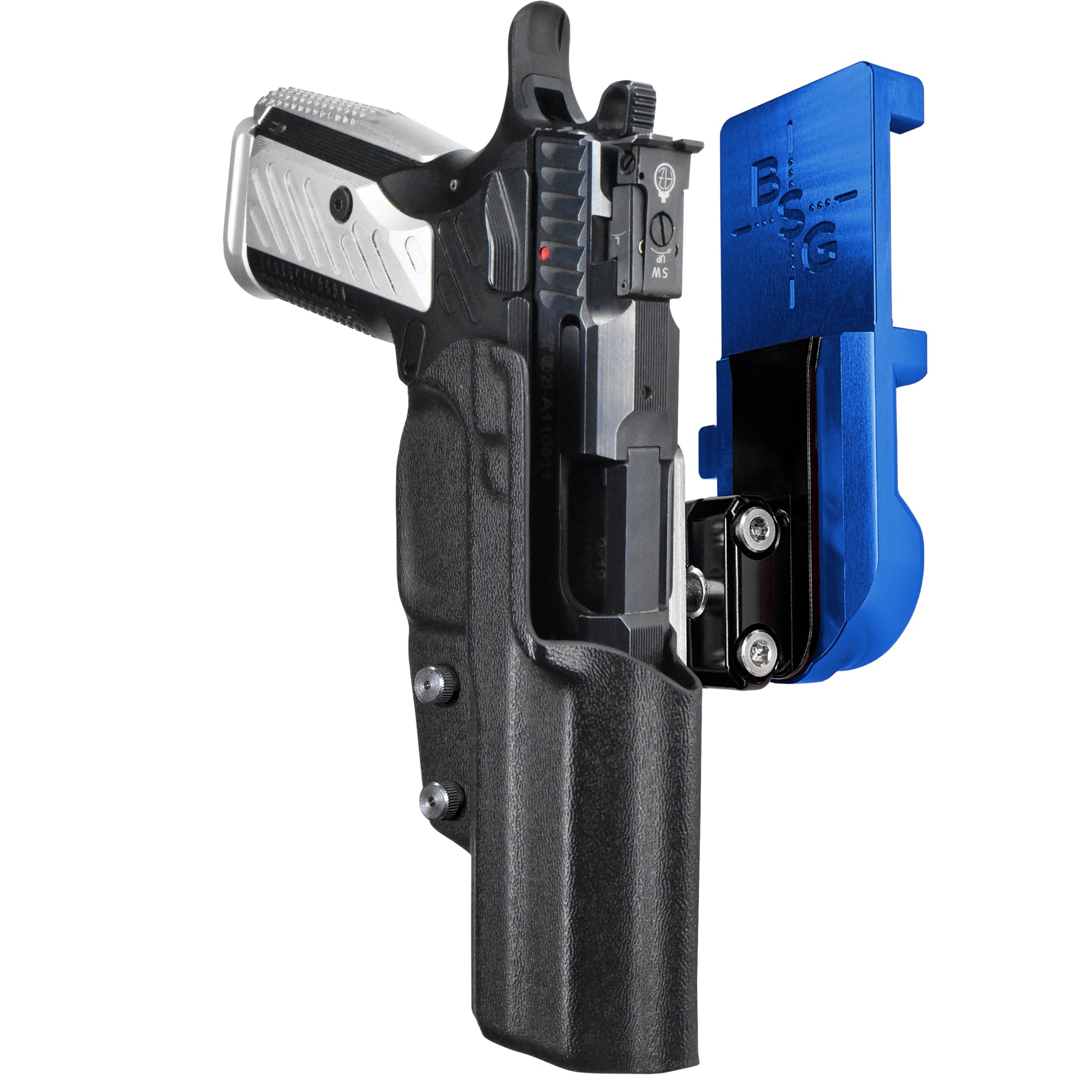 Arma Zeka AZ-P1 IPSC/USPA Quick Mount Ball Joint Holster with Blue Belt Attachment, Black Holster Shell